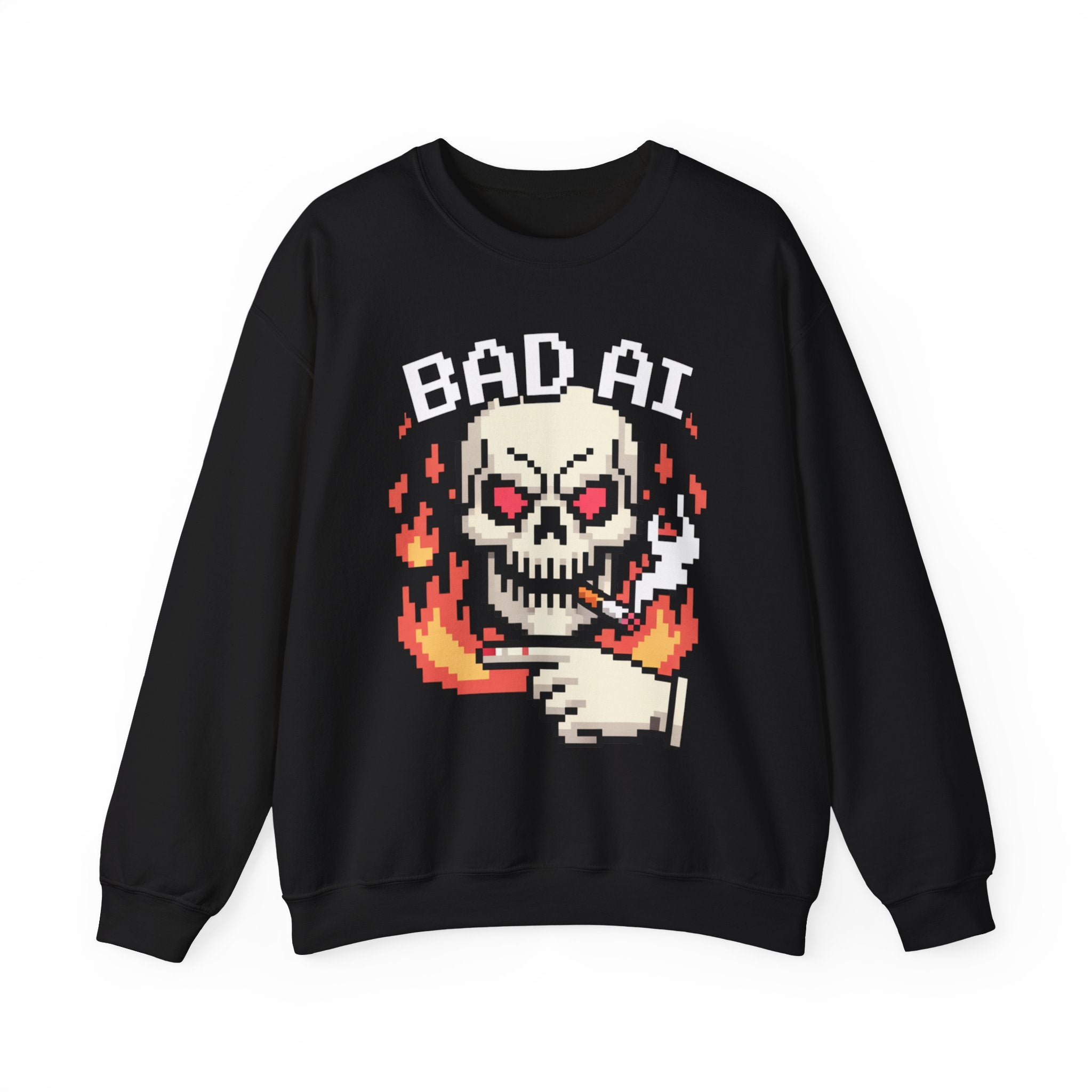 Bad AI Skull on Fire "CYBER BONE COMMAND" Pixel Art Sweatshirt