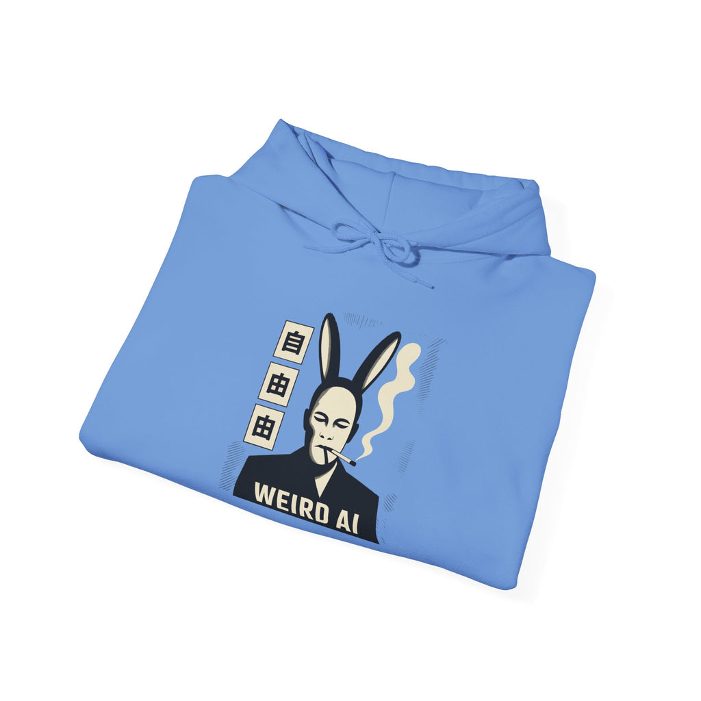 Weird AI Tee "CYBER RABBIT NOIR" Retro Bunny-Masked AI Graphic Hoodie