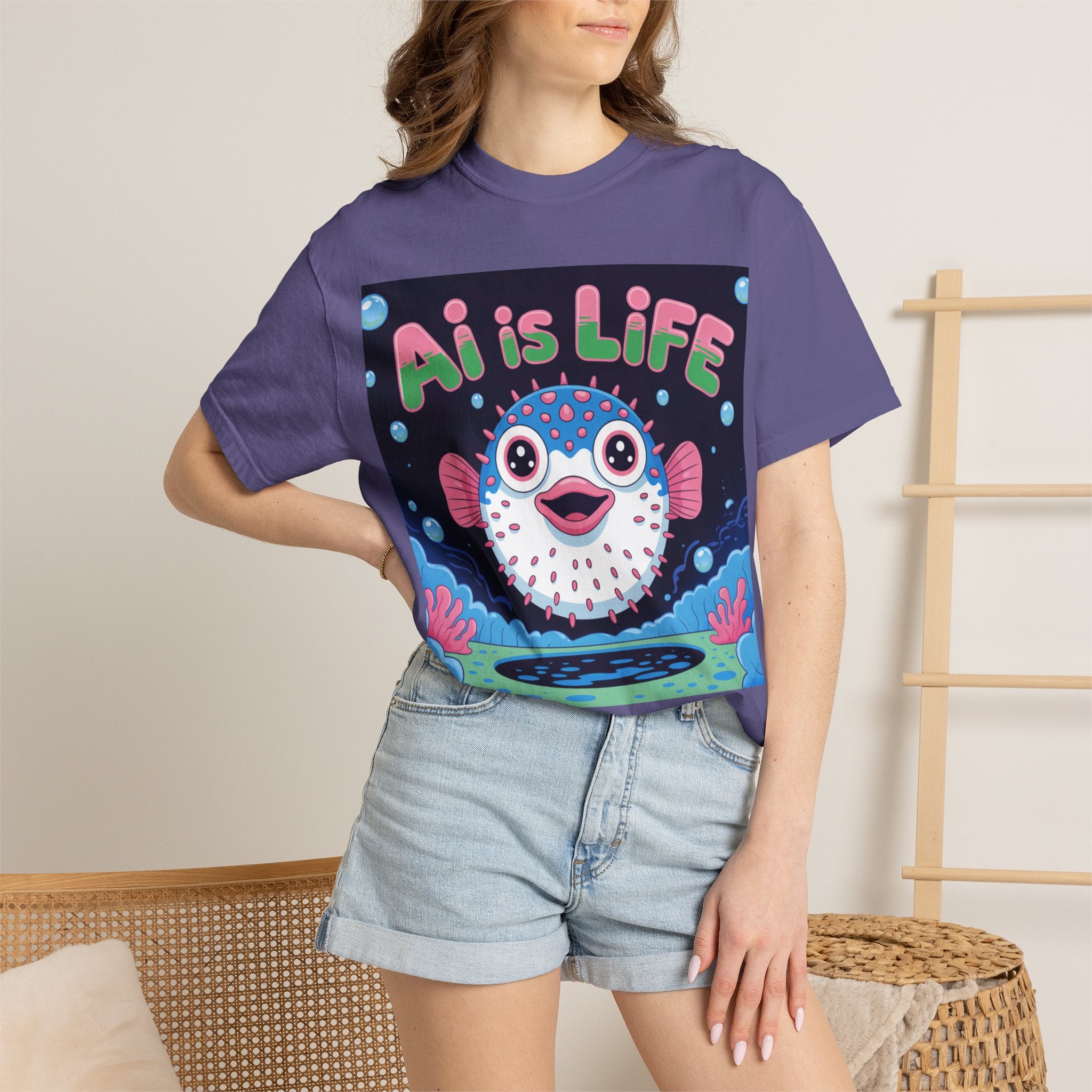 AI is LIFE  “Happy Blowfish Energy” ( Unisex Garment-Dyed T-shirt)
