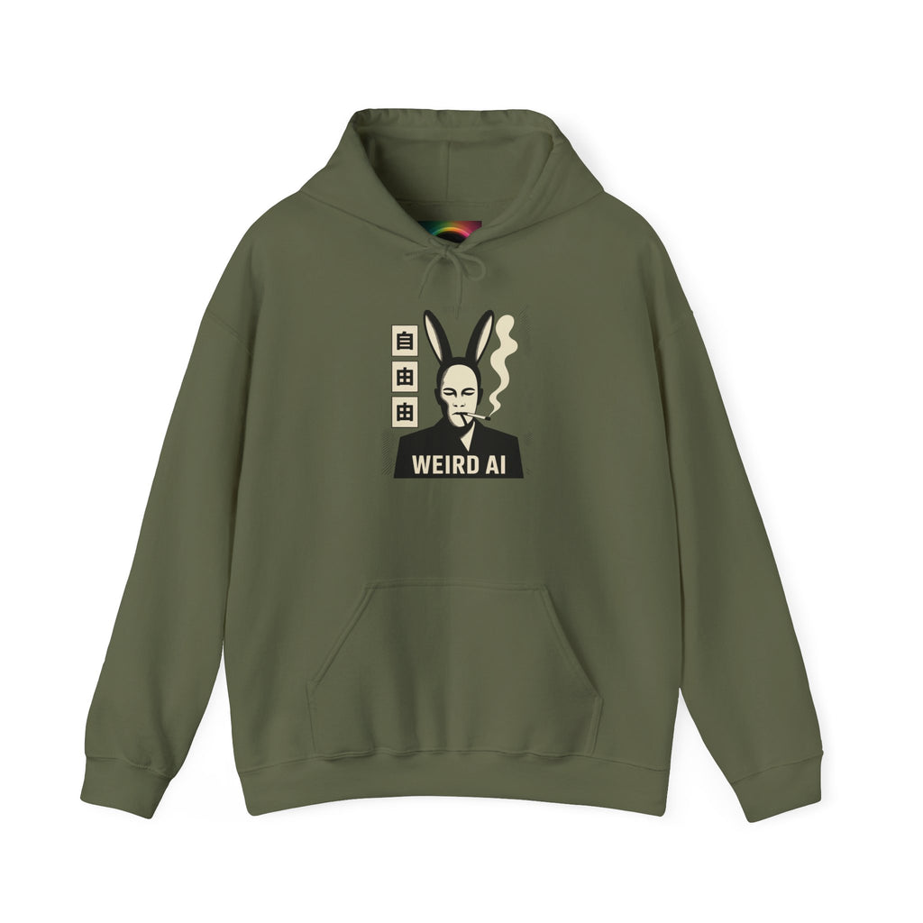 Weird AI Tee "CYBER RABBIT NOIR" Retro Bunny-Masked AI Graphic Hoodie