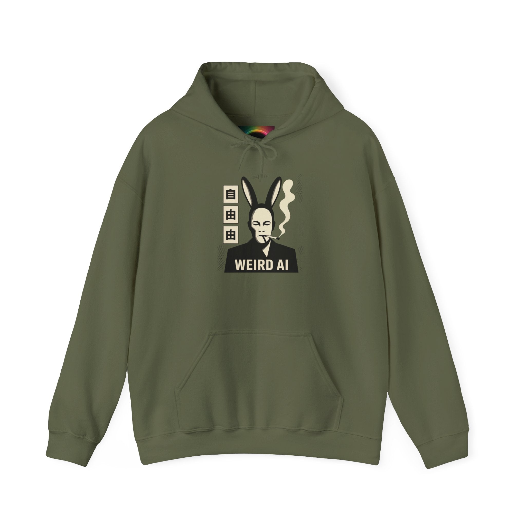 Weird AI Tee "CYBER RABBIT NOIR" Retro Bunny-Masked AI Graphic Hoodie