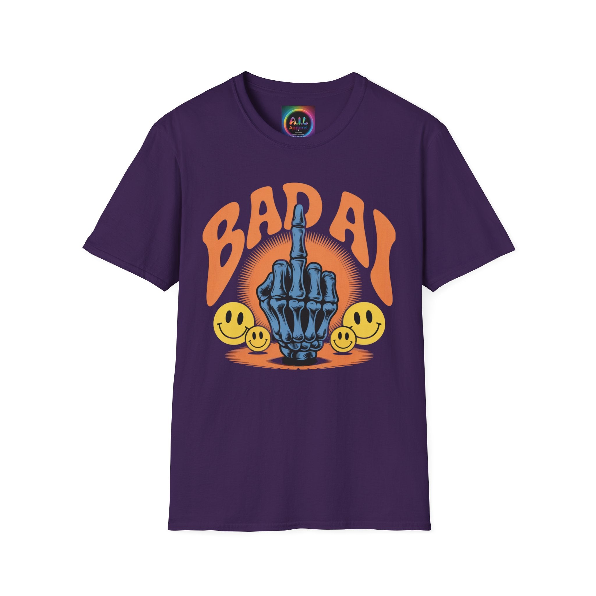 Bad AI Graphic T-Shirt — Middle Finger Skeleton Hand with Smiley Faces