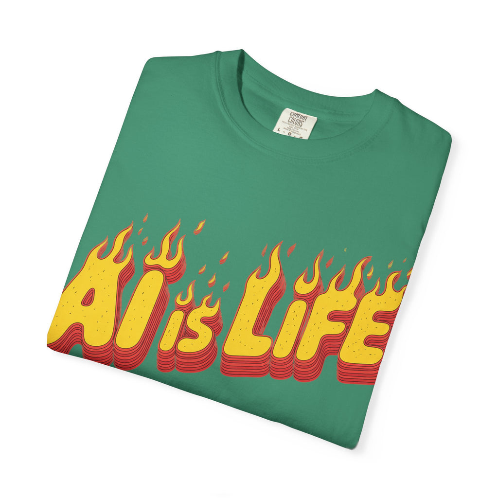 AI is LIFE “FLAME CODE” Unisex Garment-Dyed T-Shirt, Casual Wear,