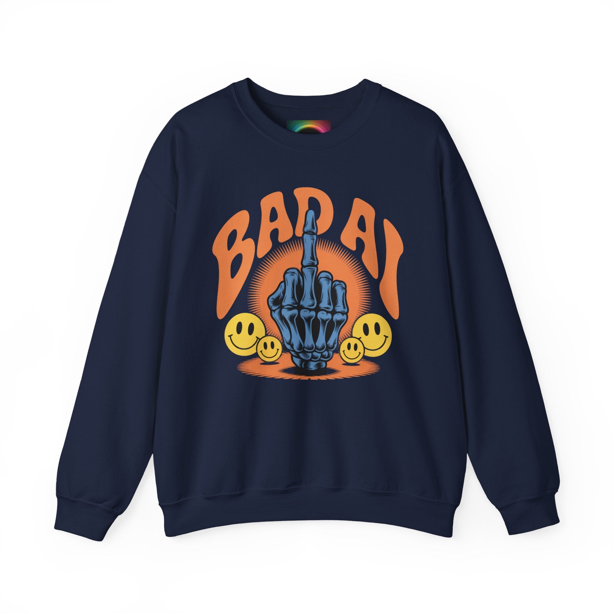 Bad AI Graphic Sweatshirt — Middle Finger Skeleton Hand with Smiley Faces