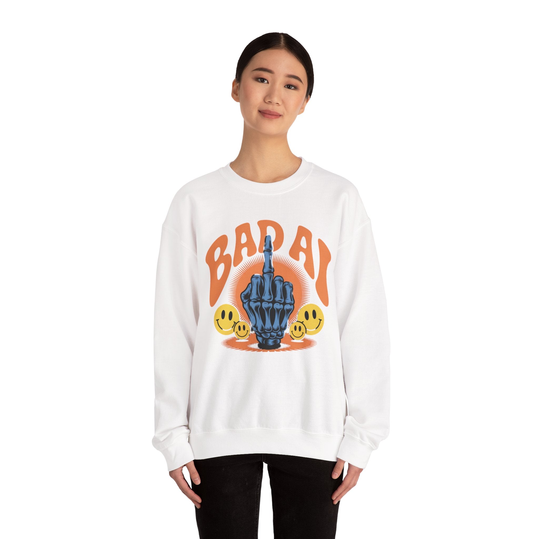 Bad AI Graphic Sweatshirt — Middle Finger Skeleton Hand with Smiley Faces