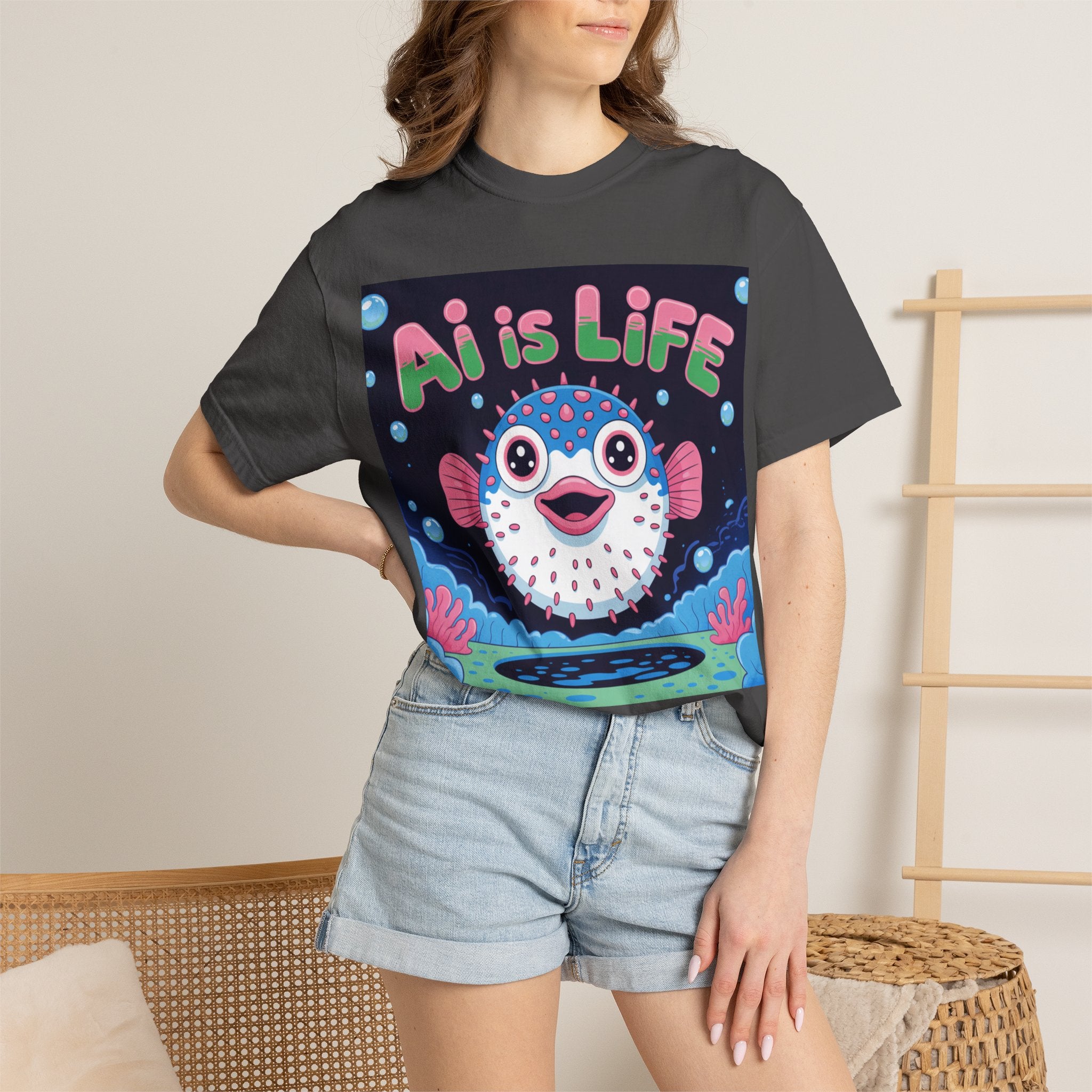 AI is LIFE  “Happy Blowfish Energy” ( Unisex Garment-Dyed T-shirt)