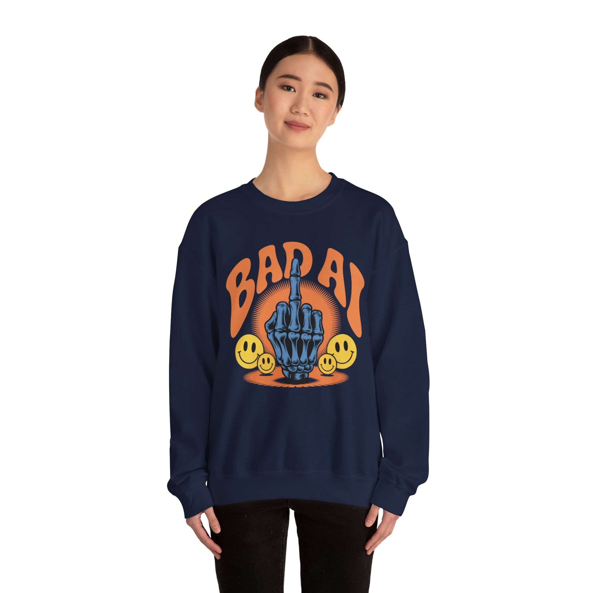 Bad AI Graphic Sweatshirt — Middle Finger Skeleton Hand with Smiley Faces
