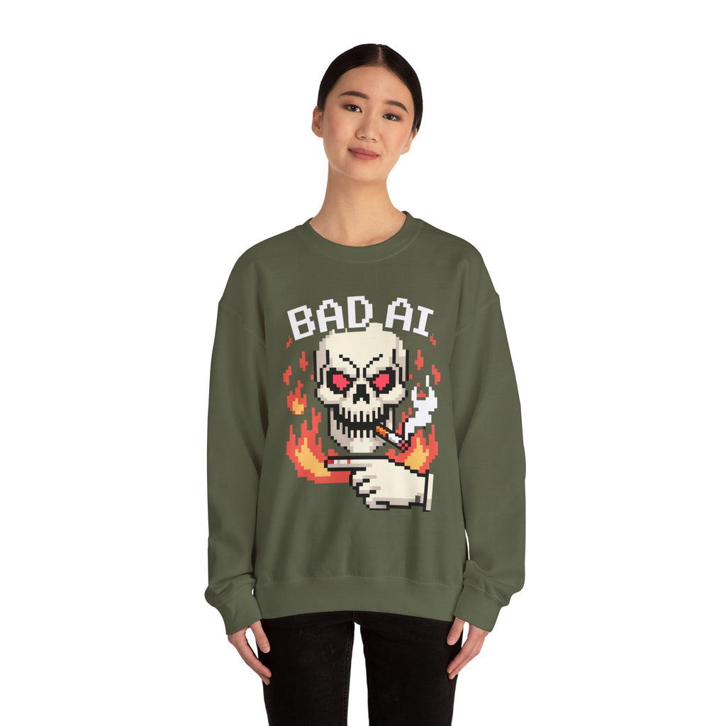 Bad AI Skull on Fire "CYBER BONE COMMAND" Pixel Art Sweatshirt