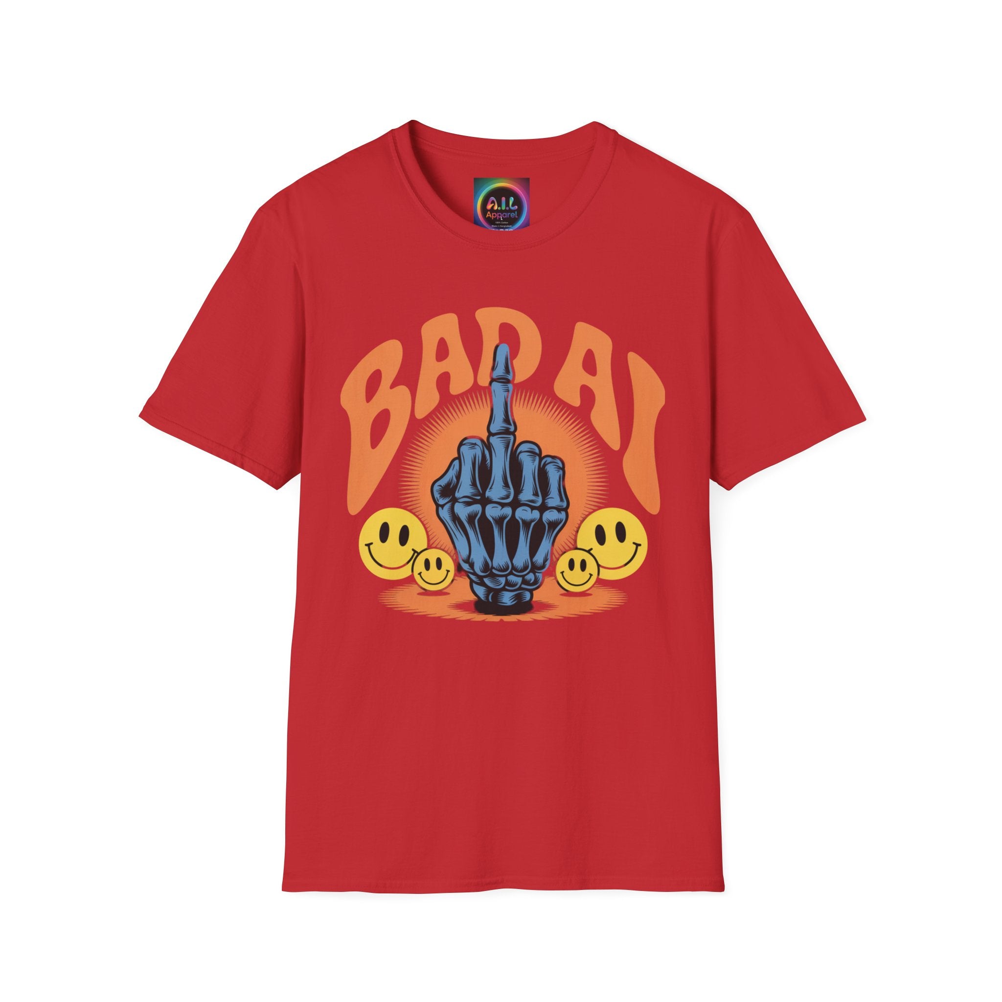Bad AI Graphic T-Shirt — Middle Finger Skeleton Hand with Smiley Faces