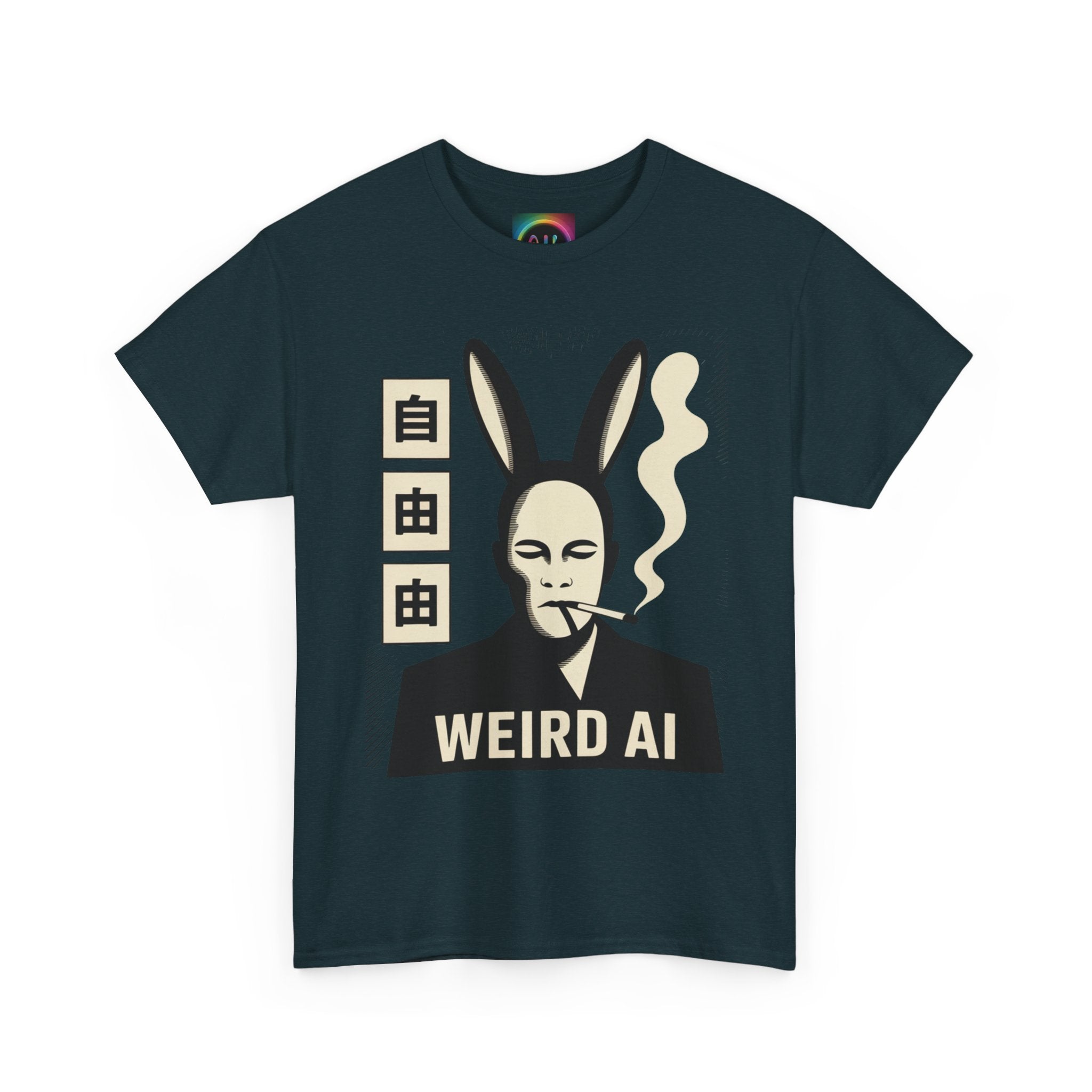 Weird AI Tee "CYBER RABBIT NOIR" Retro Bunny-Masked AI Graphic T-Shirt