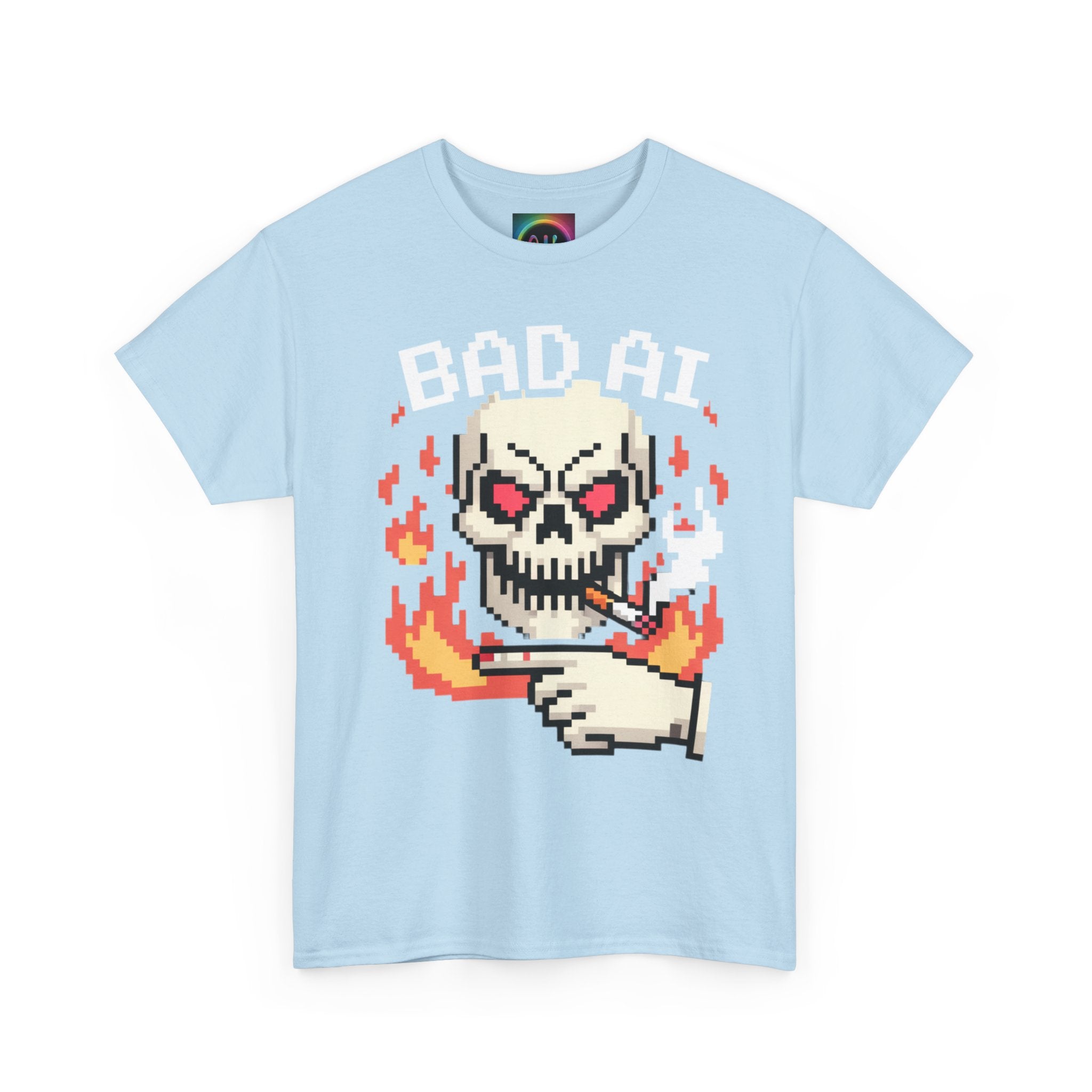 Bad AI Skull on Fire "CYBER BONE COMMAND" Pixel Art T-Shirt