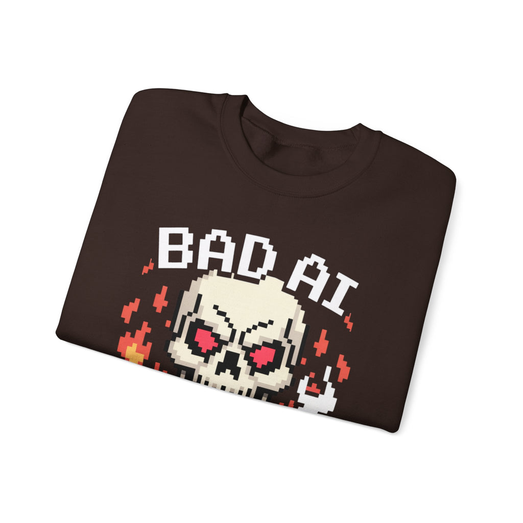 Bad AI Skull on Fire "CYBER BONE COMMAND" Pixel Art Sweatshirt