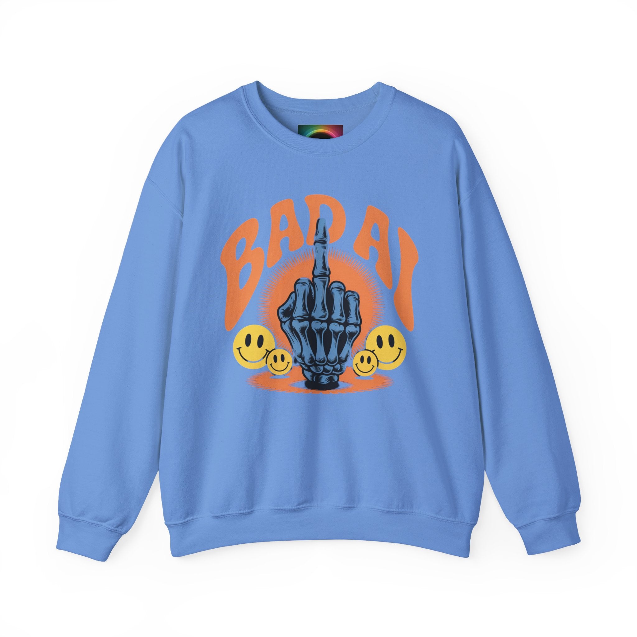 Bad AI Graphic Sweatshirt — Middle Finger Skeleton Hand with Smiley Faces