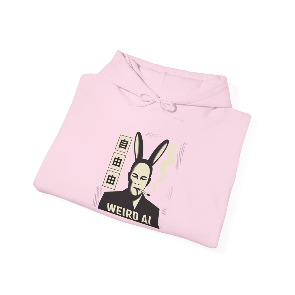 Weird AI Tee "CYBER RABBIT NOIR" Retro Bunny-Masked AI Graphic Hoodie
