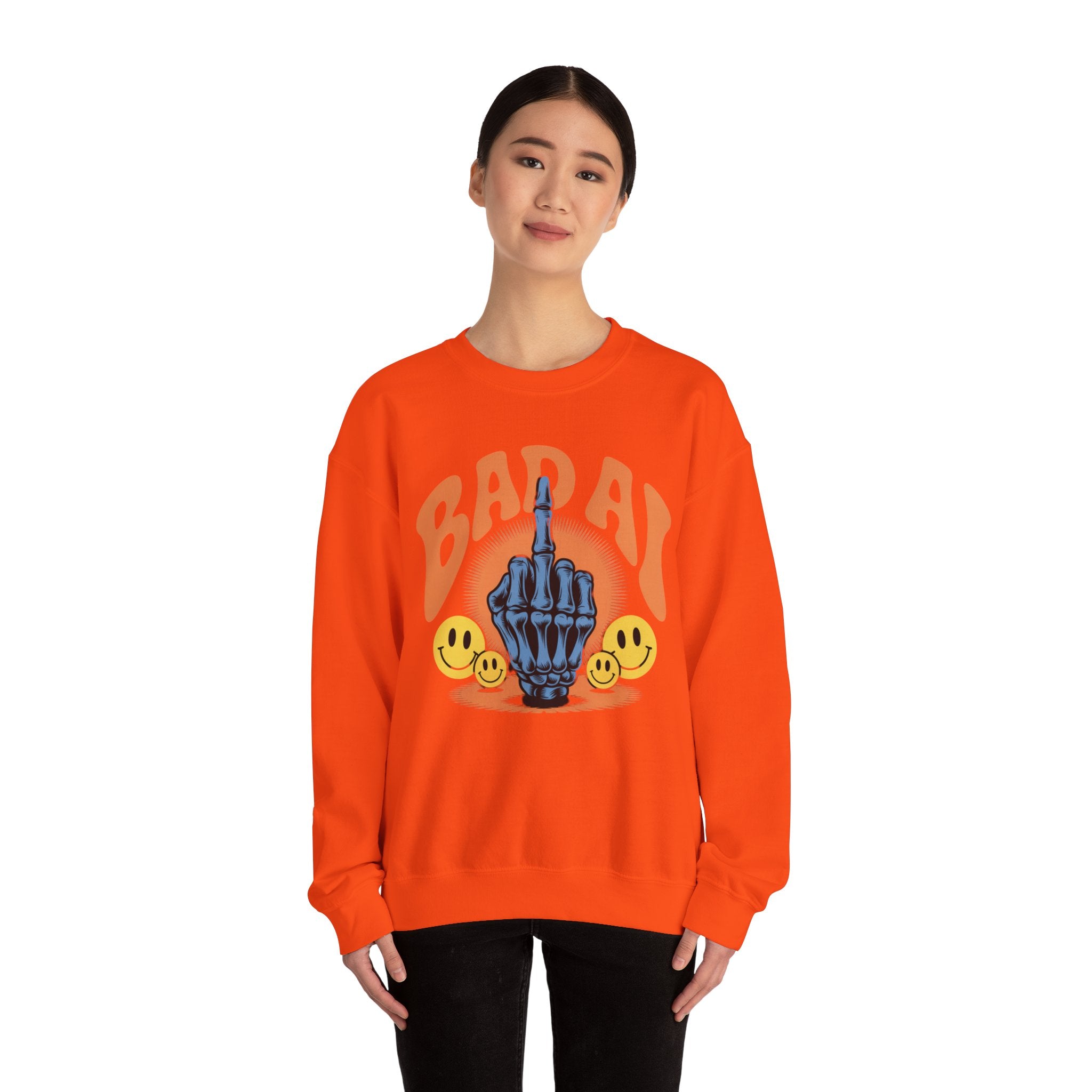 Bad AI Graphic Sweatshirt — Middle Finger Skeleton Hand with Smiley Faces