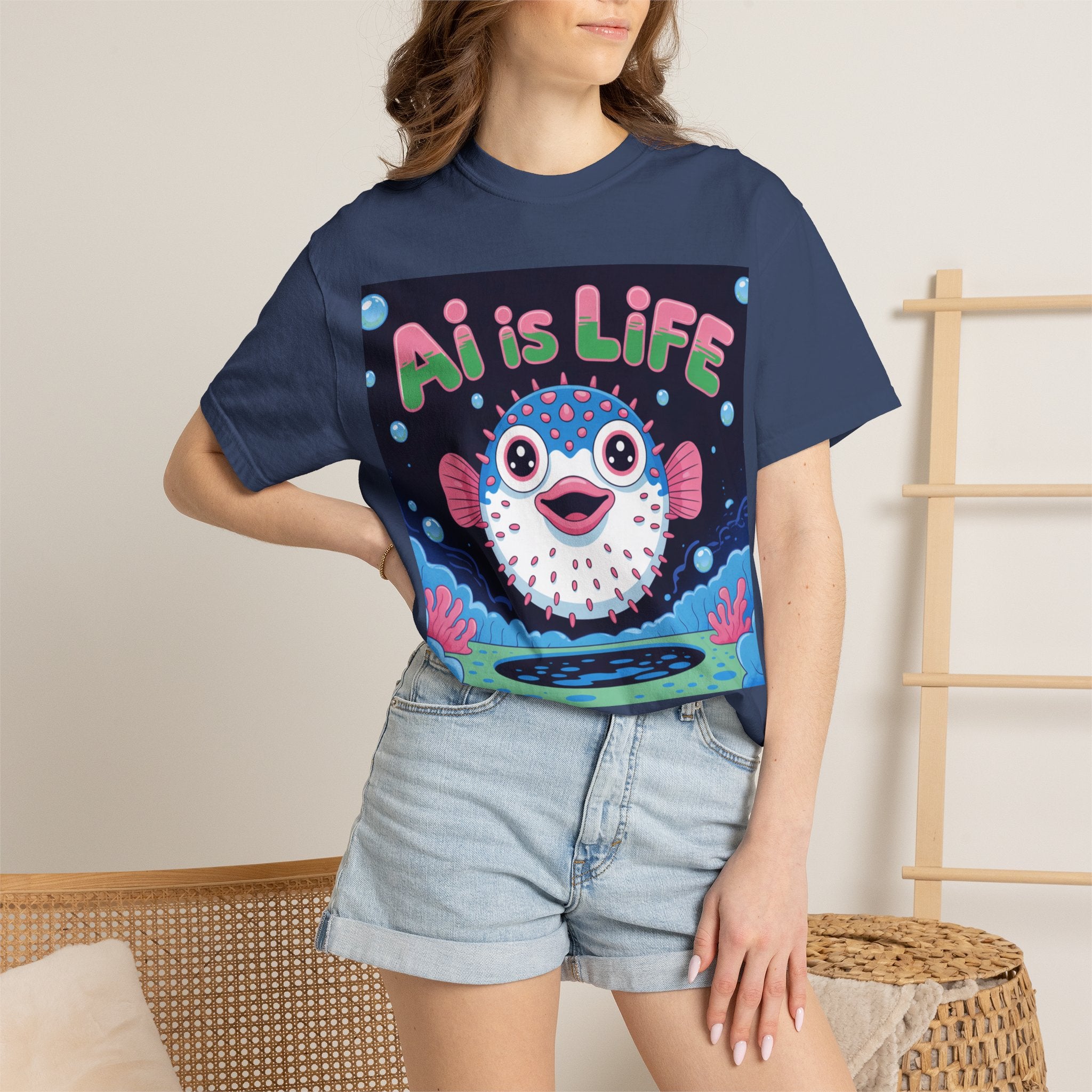 AI is LIFE  “Happy Blowfish Energy” ( Unisex Garment-Dyed T-shirt)