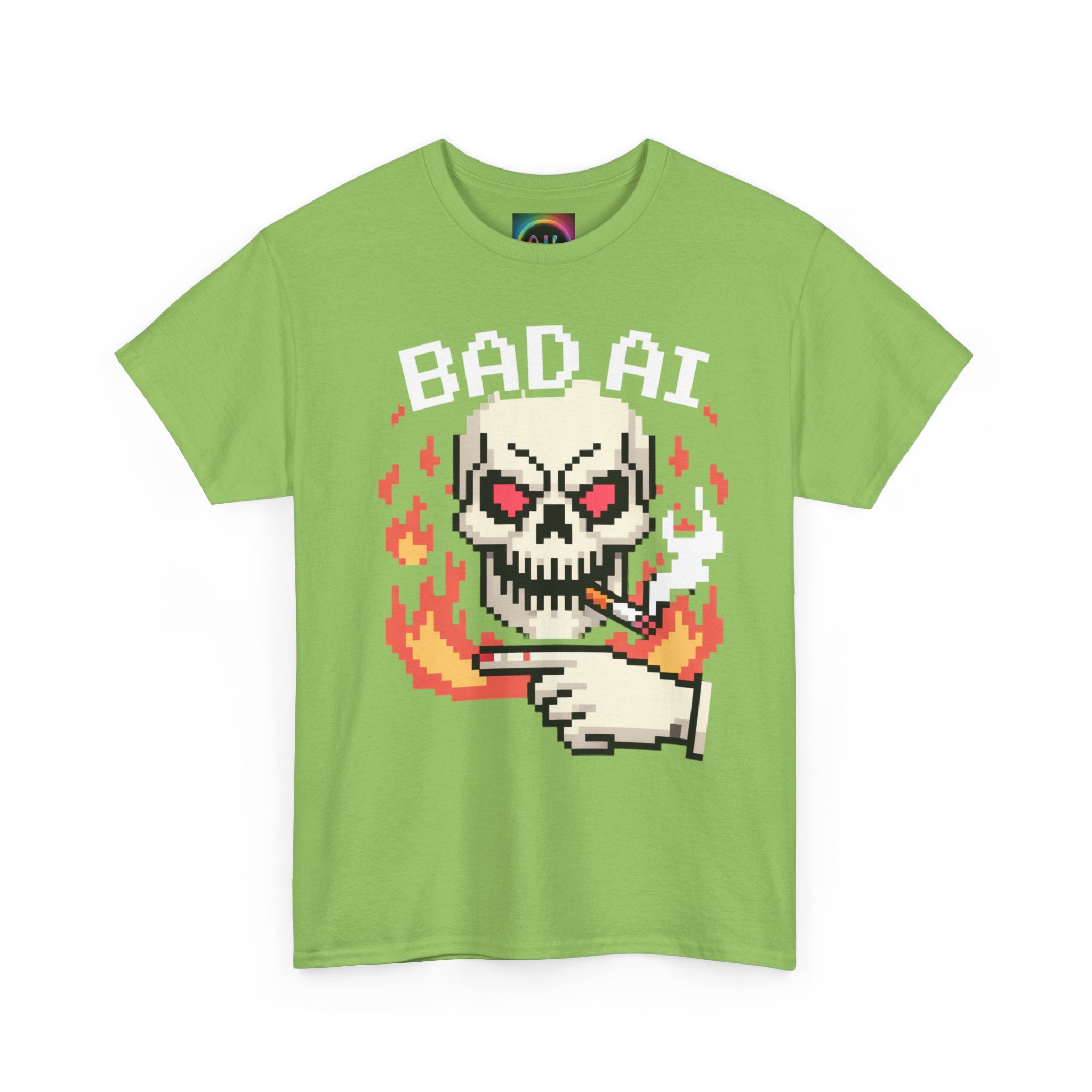 Bad AI Skull on Fire "CYBER BONE COMMAND" Pixel Art T-Shirt