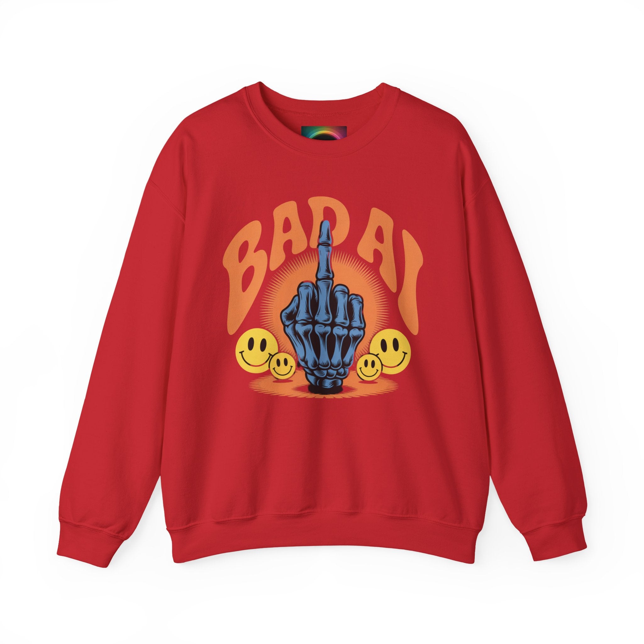 Bad AI Graphic Sweatshirt — Middle Finger Skeleton Hand with Smiley Faces