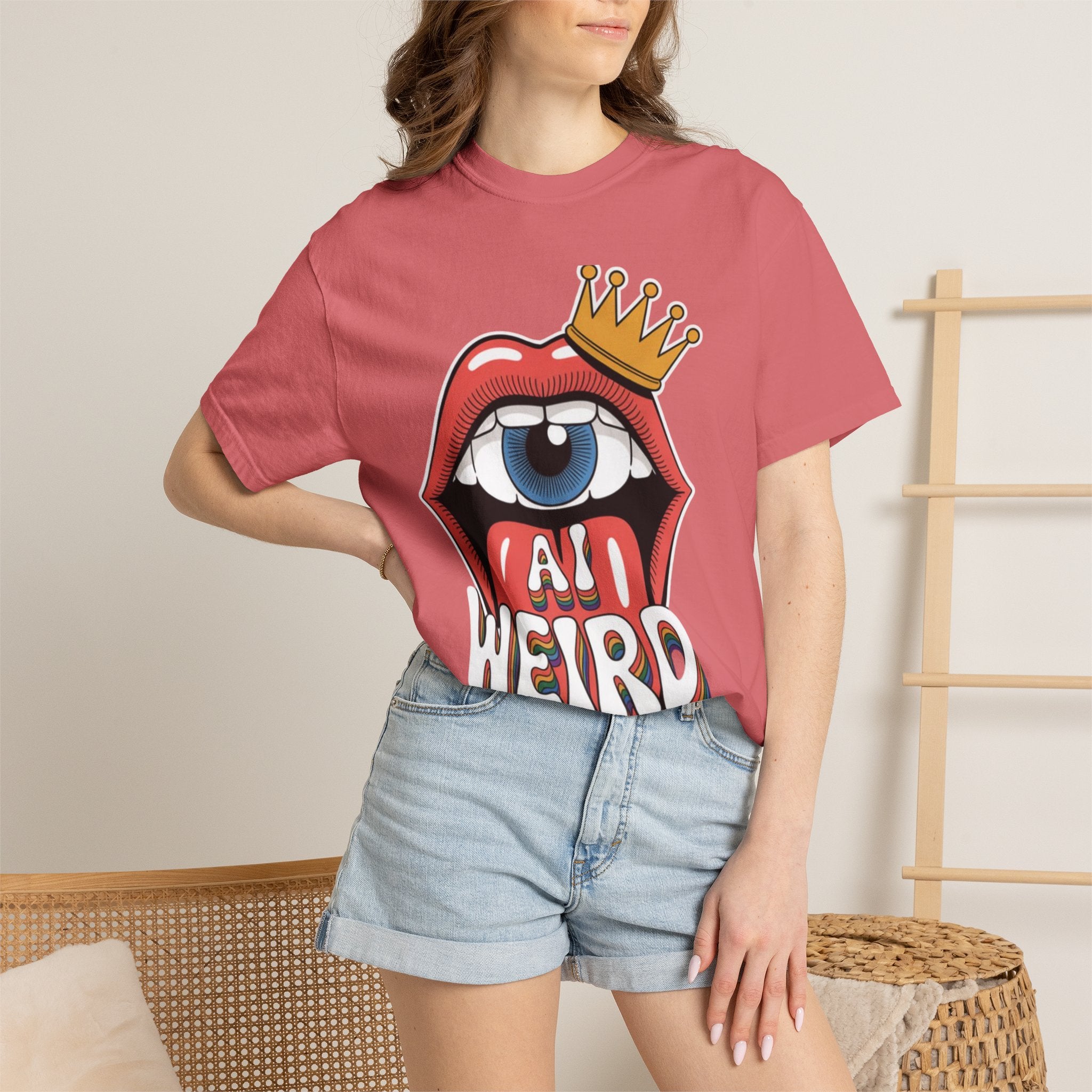 AI Weird Graphic T-Shirt — Crown Quirky Eye & "RETRO CROWNED MOUTH"