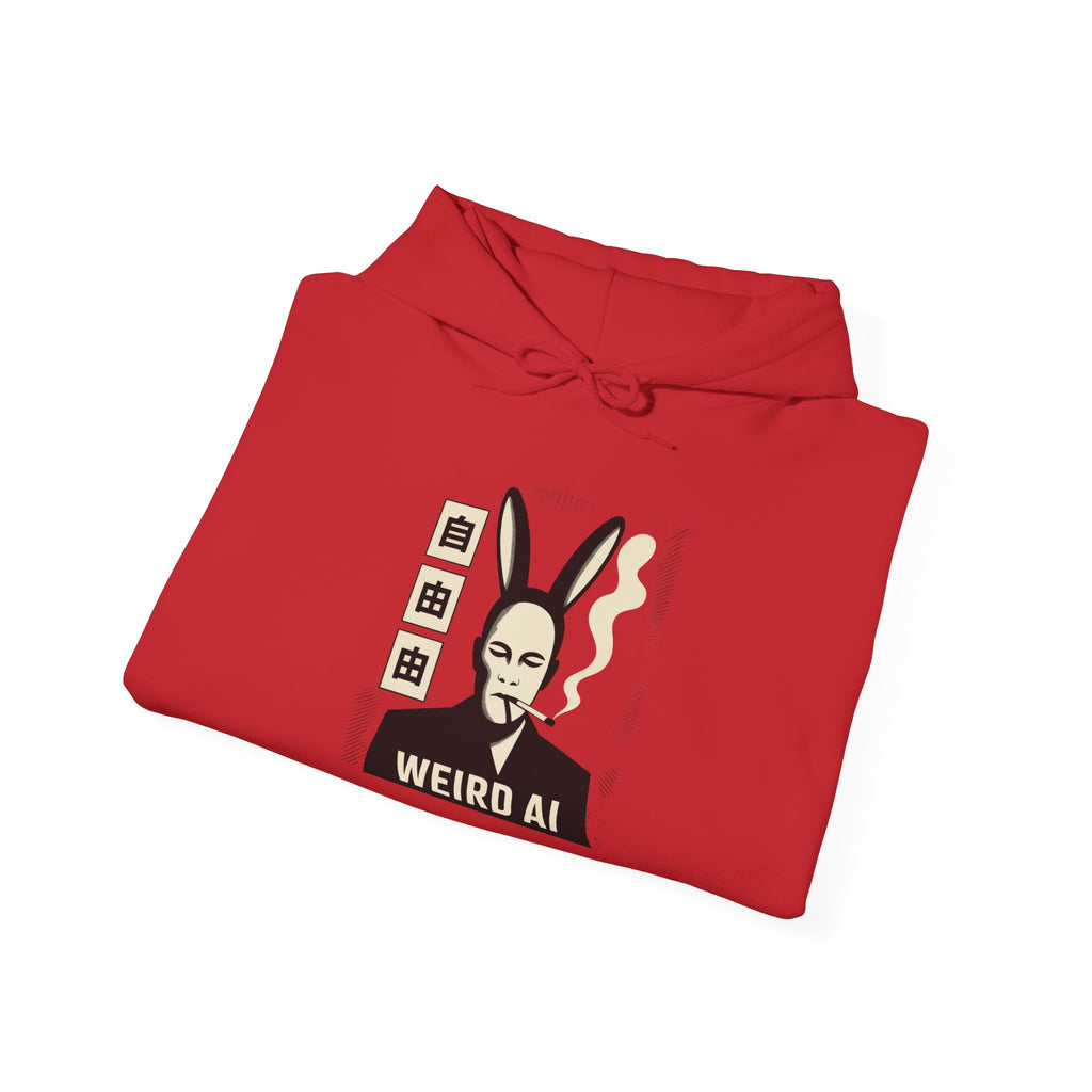 Weird AI Tee "CYBER RABBIT NOIR" Retro Bunny-Masked AI Graphic Hoodie