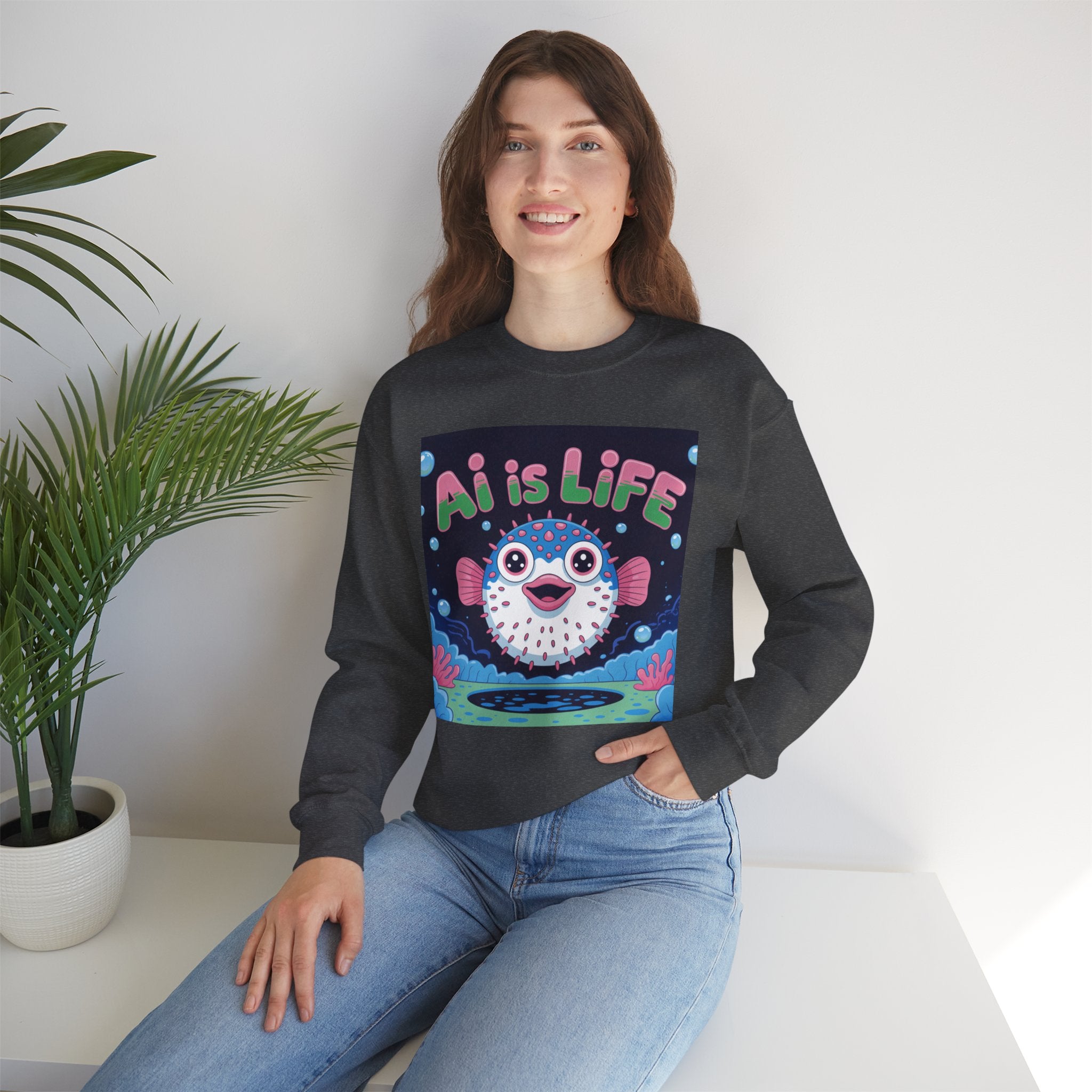 AI is LIFE “Happy Blowfish Energy” of Unisex Heavy Blend™ Crewneck Sweatshirt