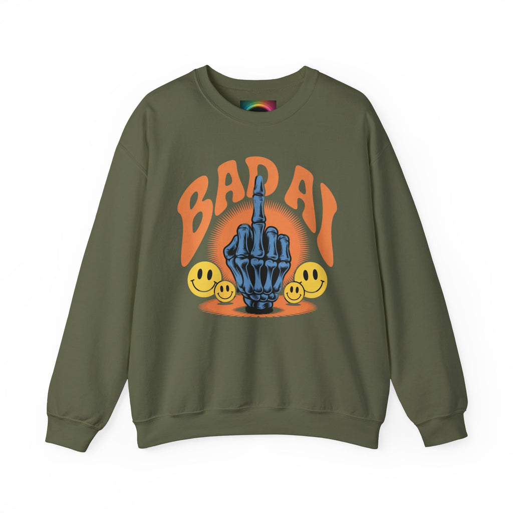 Bad AI Graphic Sweatshirt — Middle Finger Skeleton Hand with Smiley Faces