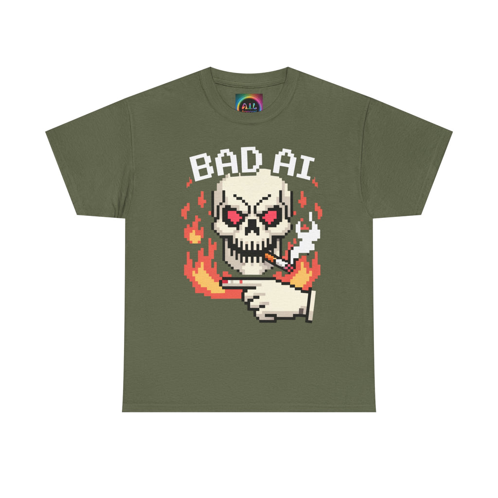 Bad AI Skull on Fire "CYBER BONE COMMAND" Pixel Art T-Shirt