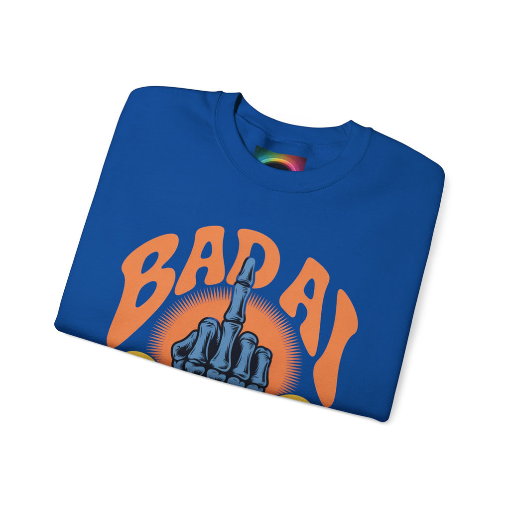 Bad AI Graphic Sweatshirt — Middle Finger Skeleton Hand with Smiley Faces