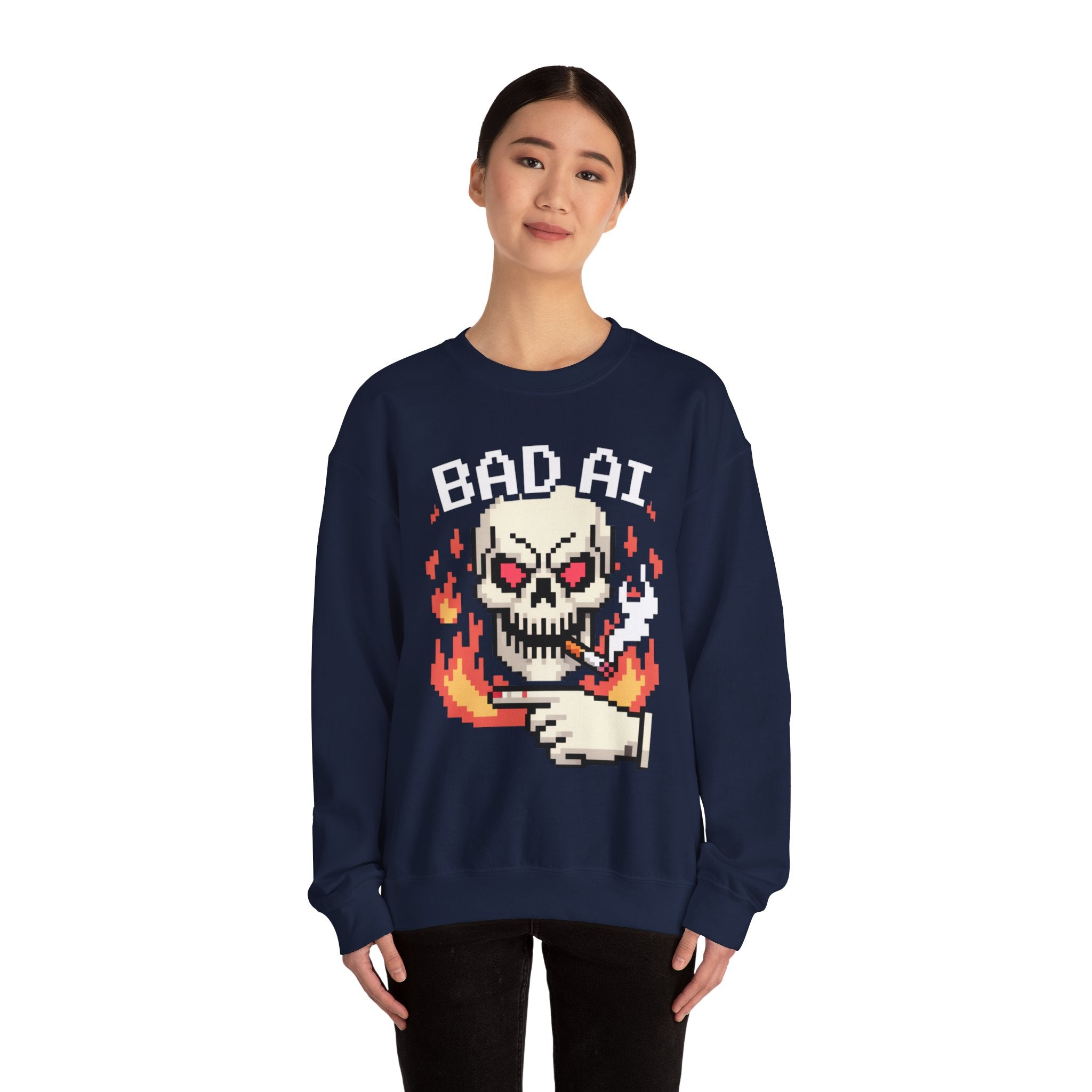 Bad AI Skull on Fire "CYBER BONE COMMAND" Pixel Art Sweatshirt