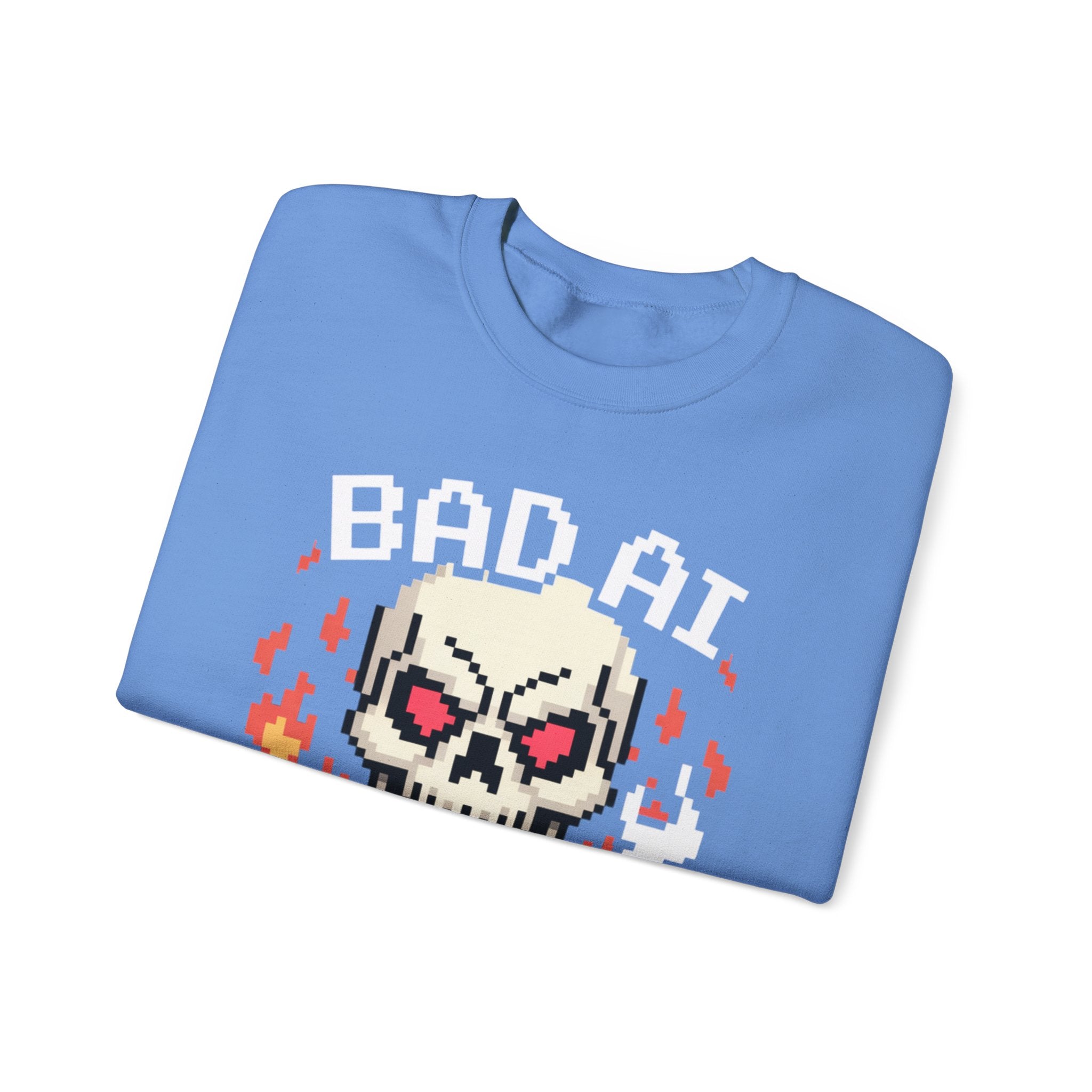 Bad AI Skull on Fire "CYBER BONE COMMAND" Pixel Art Sweatshirt