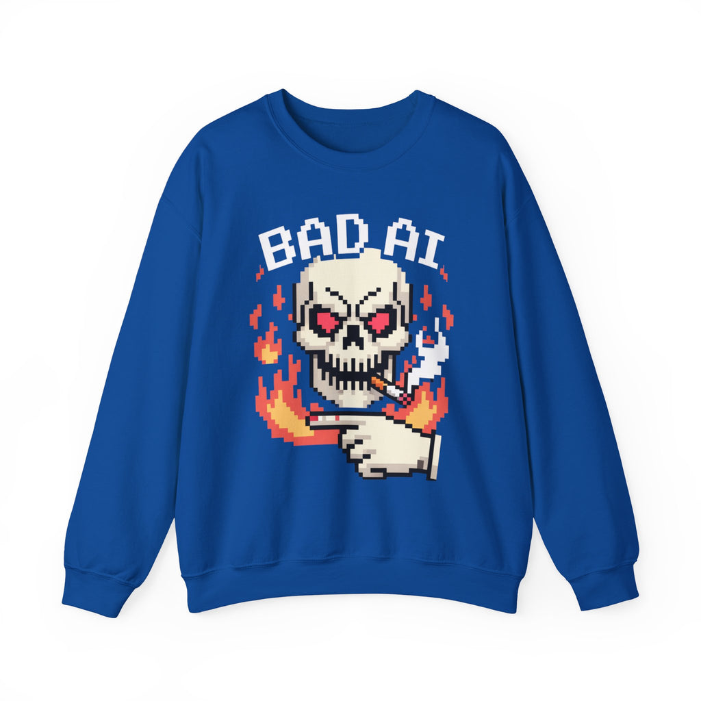 Bad AI Skull on Fire "CYBER BONE COMMAND" Pixel Art Sweatshirt