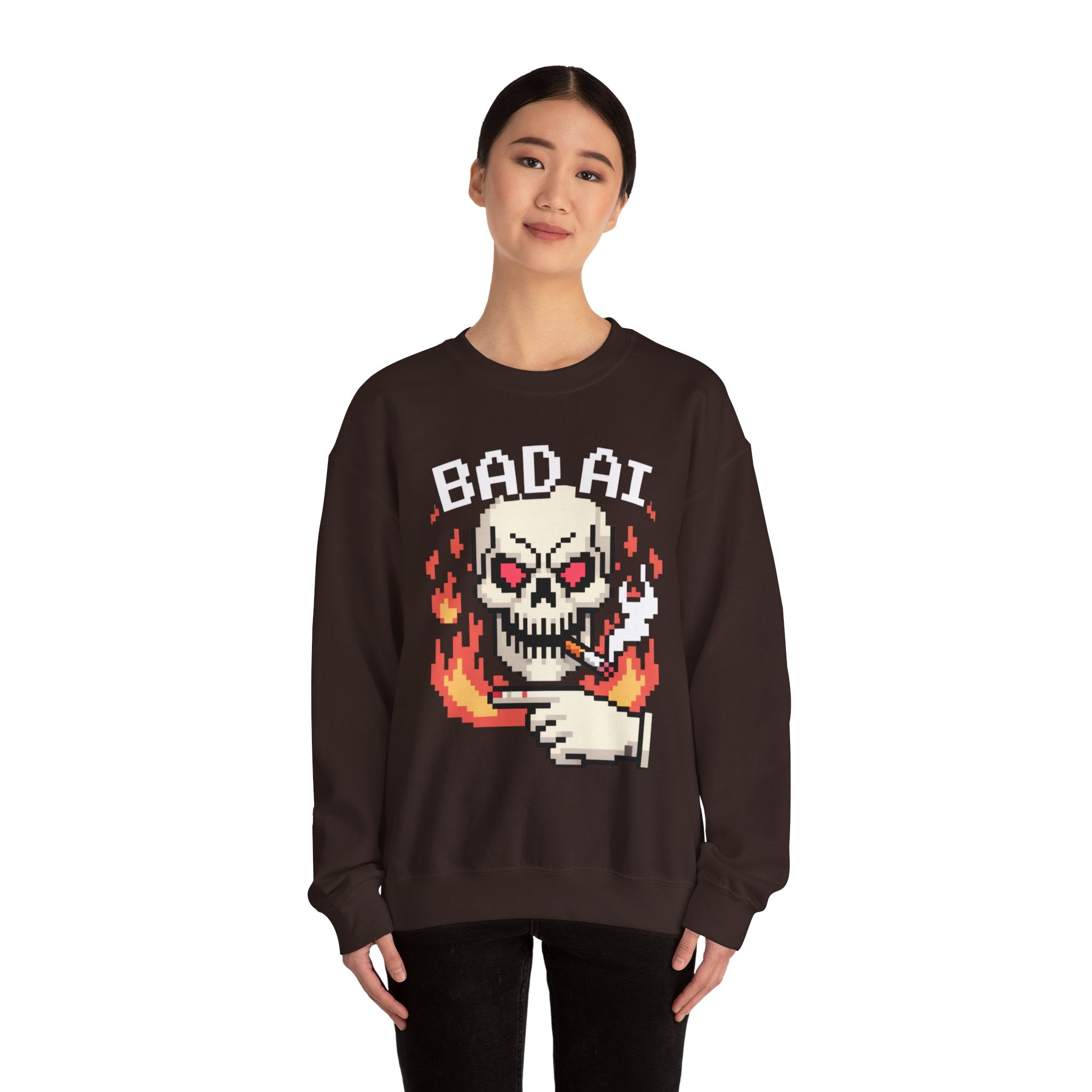 Bad AI Skull on Fire "CYBER BONE COMMAND" Pixel Art Sweatshirt