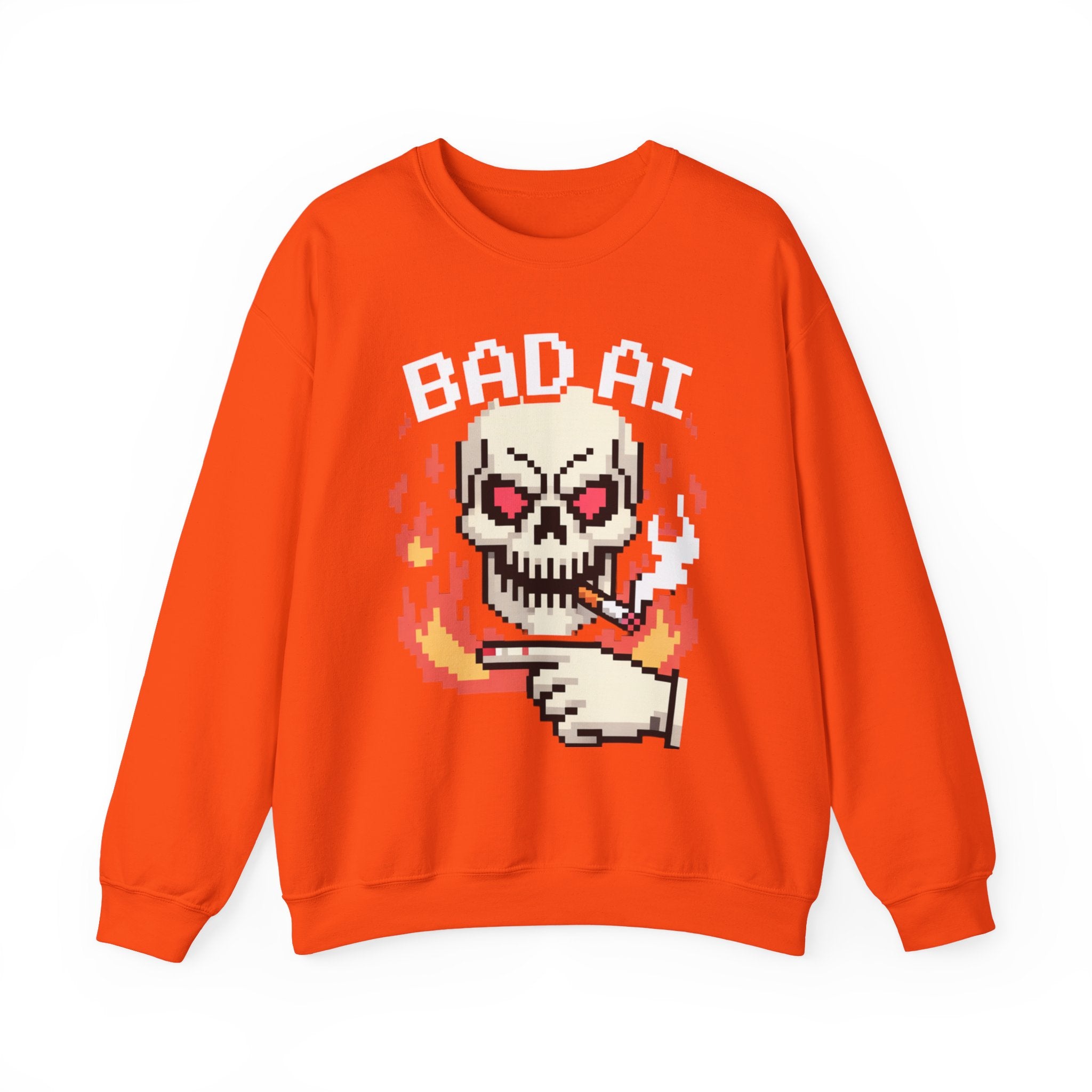 Bad AI Skull on Fire "CYBER BONE COMMAND" Pixel Art Sweatshirt