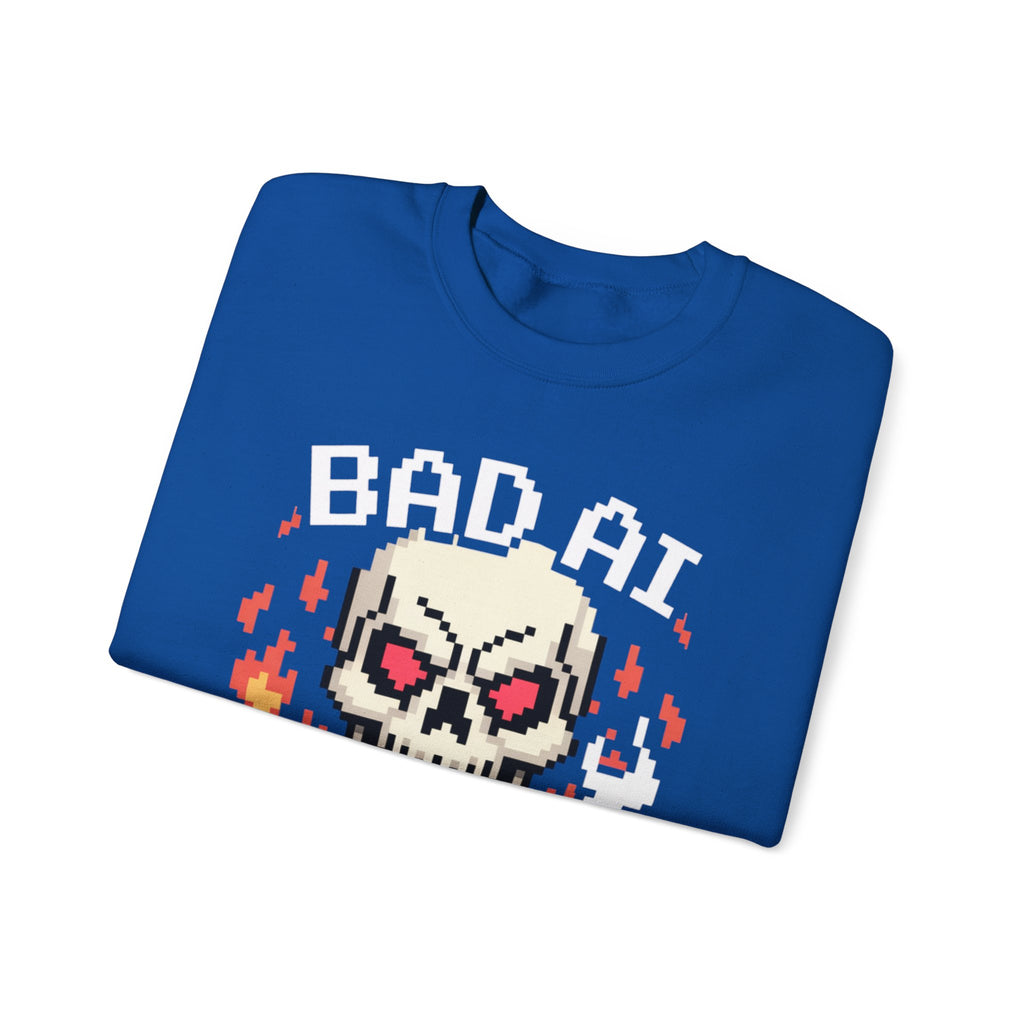 Bad AI Skull on Fire "CYBER BONE COMMAND" Pixel Art Sweatshirt