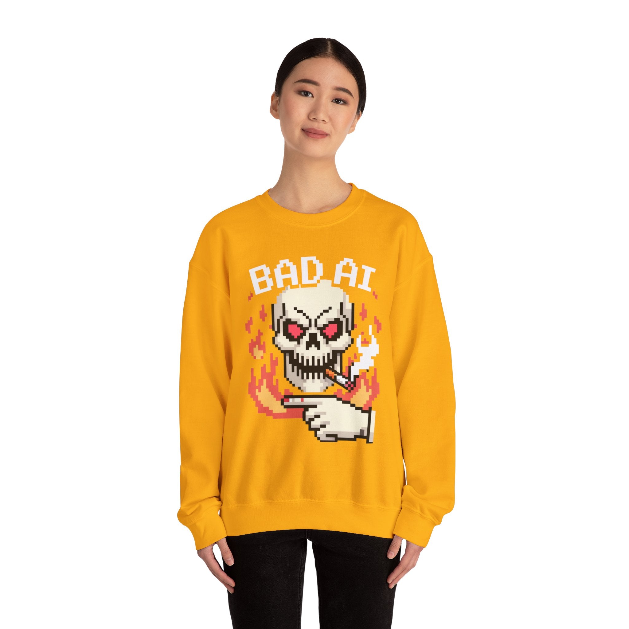 Bad AI Skull on Fire "CYBER BONE COMMAND" Pixel Art Sweatshirt