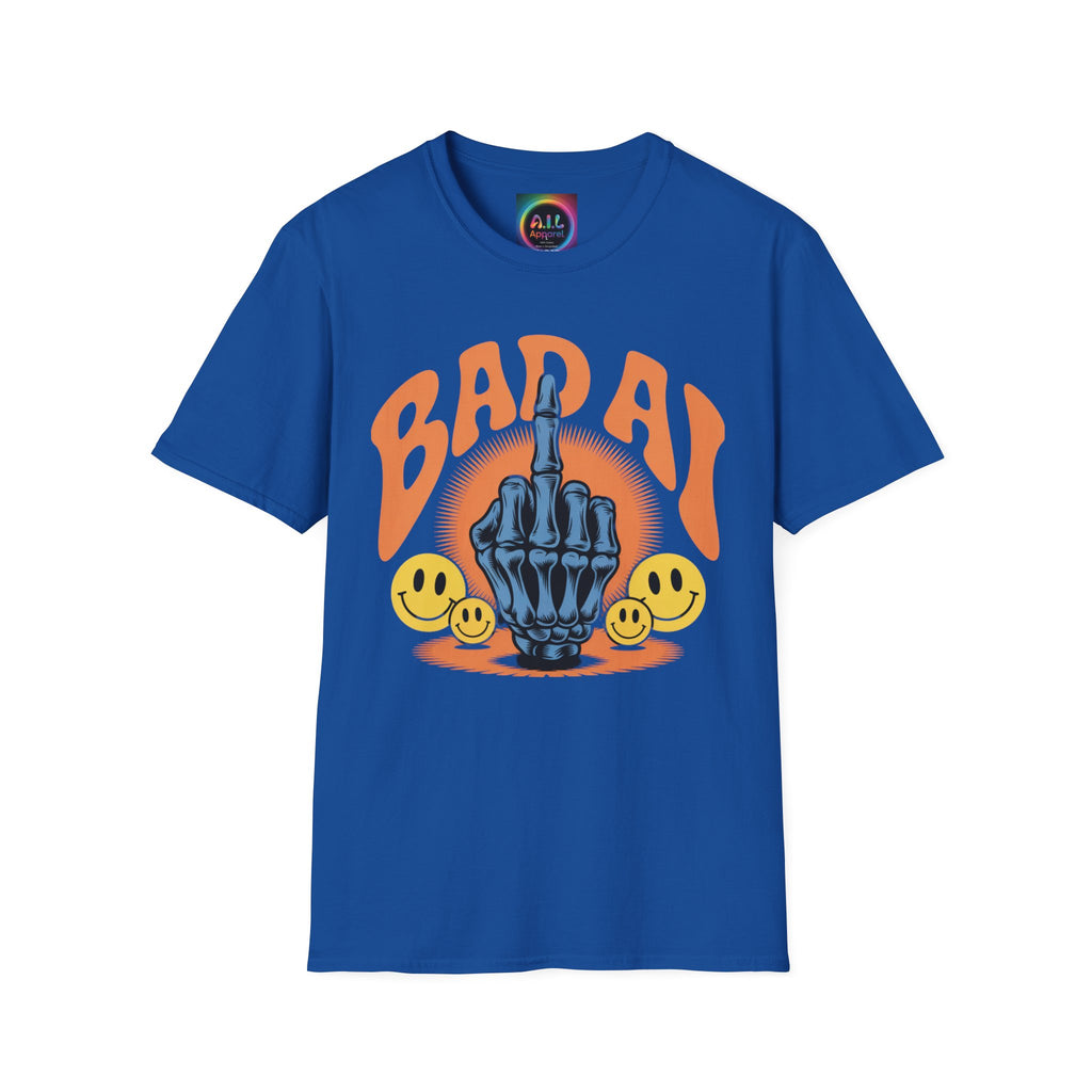 Bad AI Graphic T-Shirt — Middle Finger Skeleton Hand with Smiley Faces