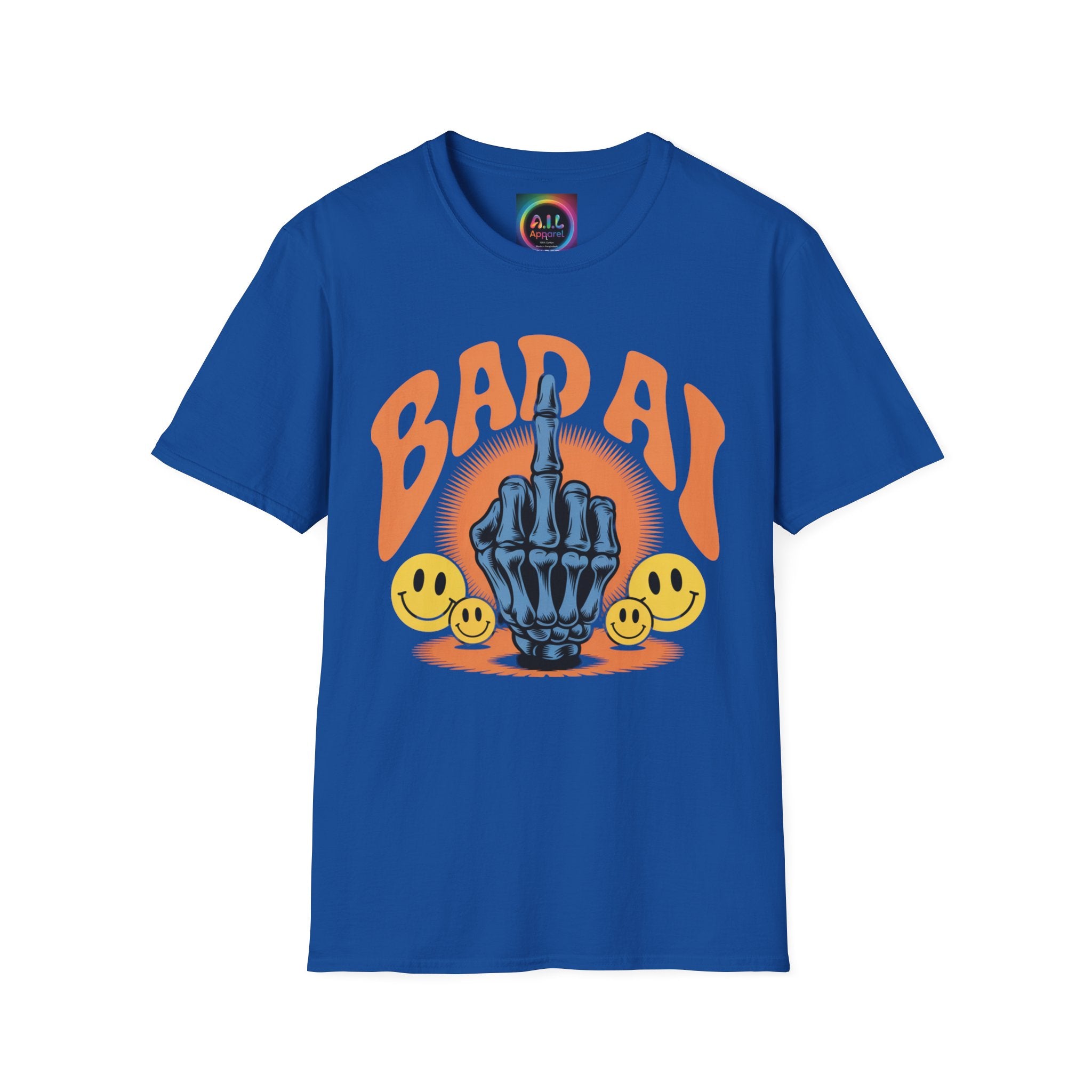 Bad AI Graphic T-Shirt — Middle Finger Skeleton Hand with Smiley Faces