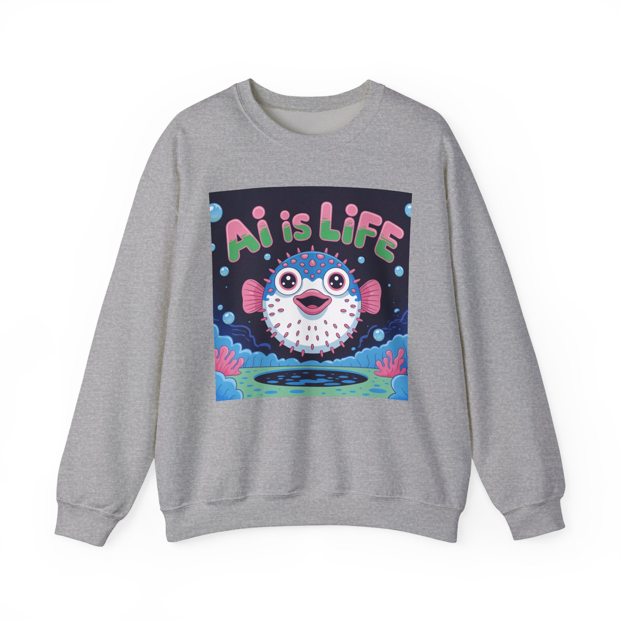 AI is LIFE “Happy Blowfish Energy” of Unisex Heavy Blend™ Crewneck Sweatshirt