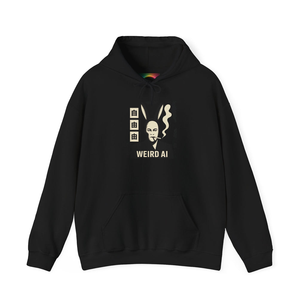 Weird AI Tee "CYBER RABBIT NOIR" Retro Bunny-Masked AI Graphic Hoodie