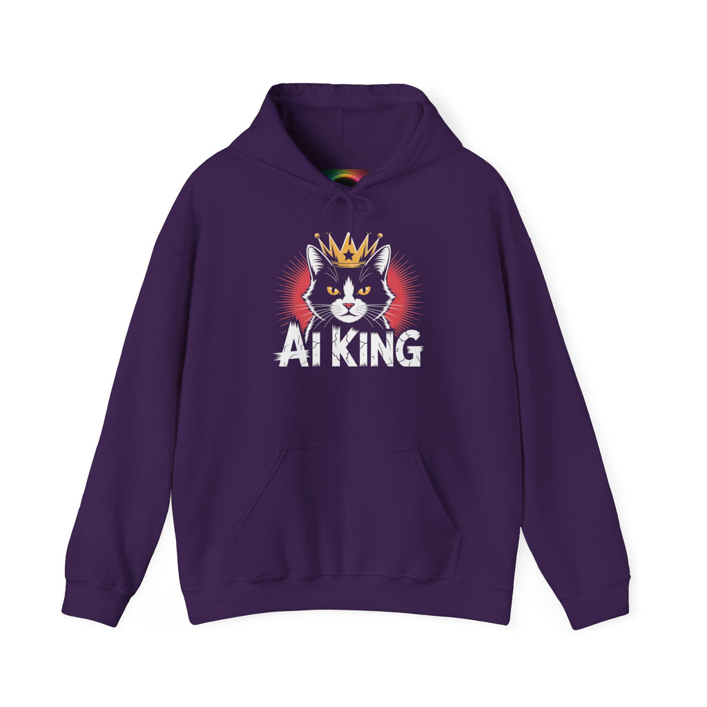 AI King Hoodie ""Glitch Monarch"" Cute Crowned Cat Graphic Pullover