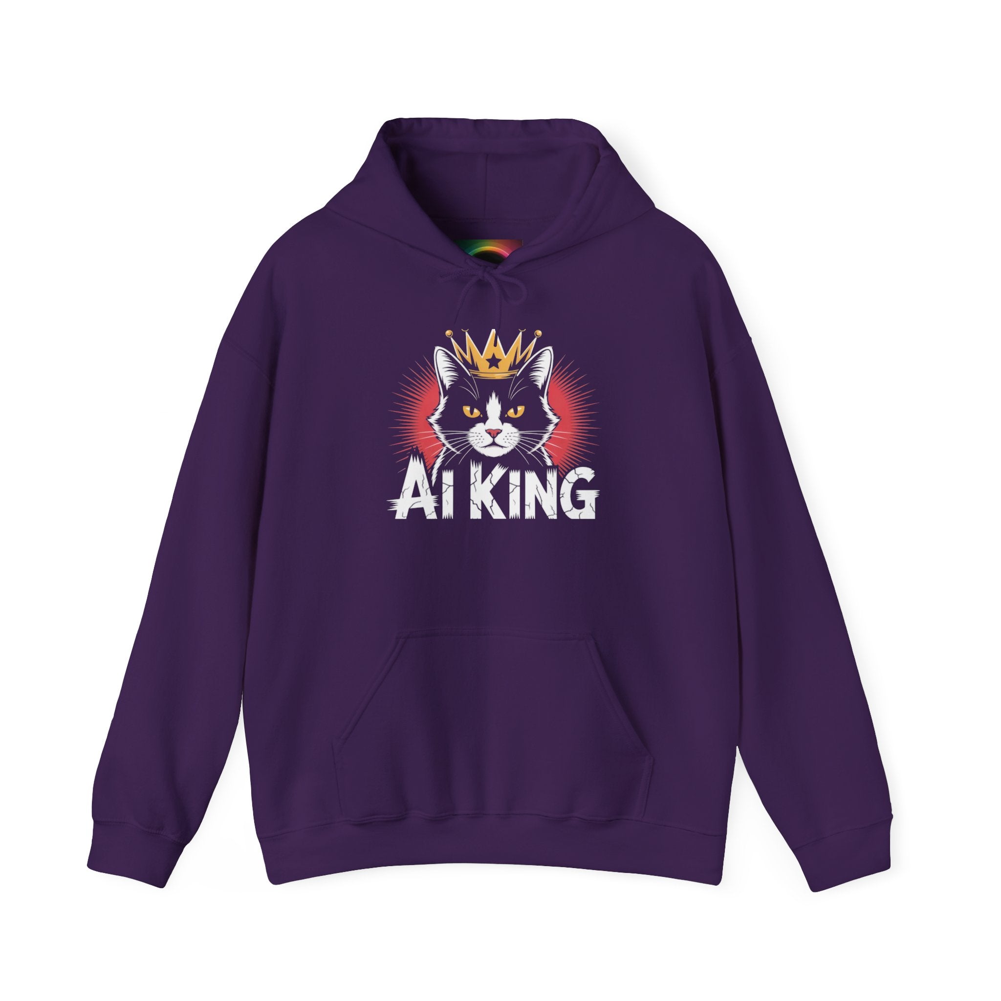 AI King Hoodie ""Glitch Monarch"" Cute Crowned Cat Graphic Pullover