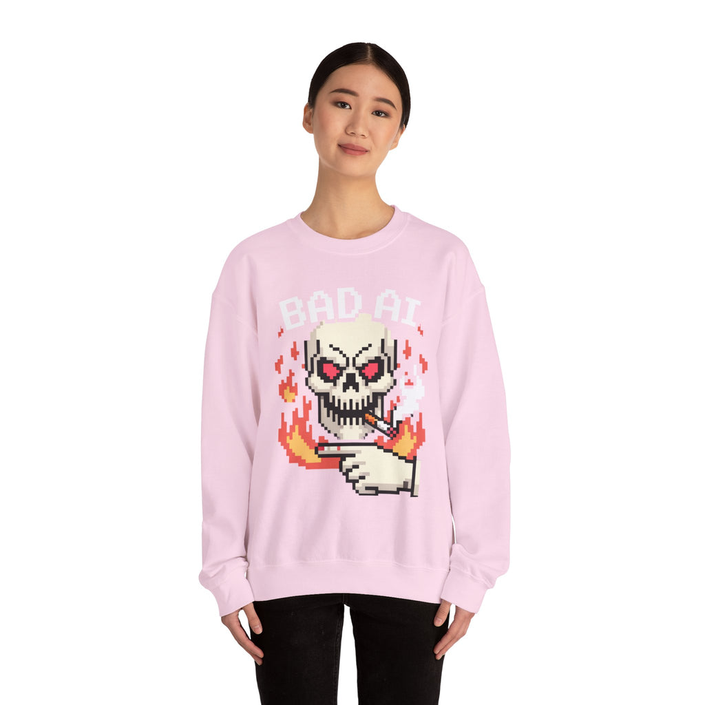 Bad AI Skull on Fire "CYBER BONE COMMAND" Pixel Art Sweatshirt