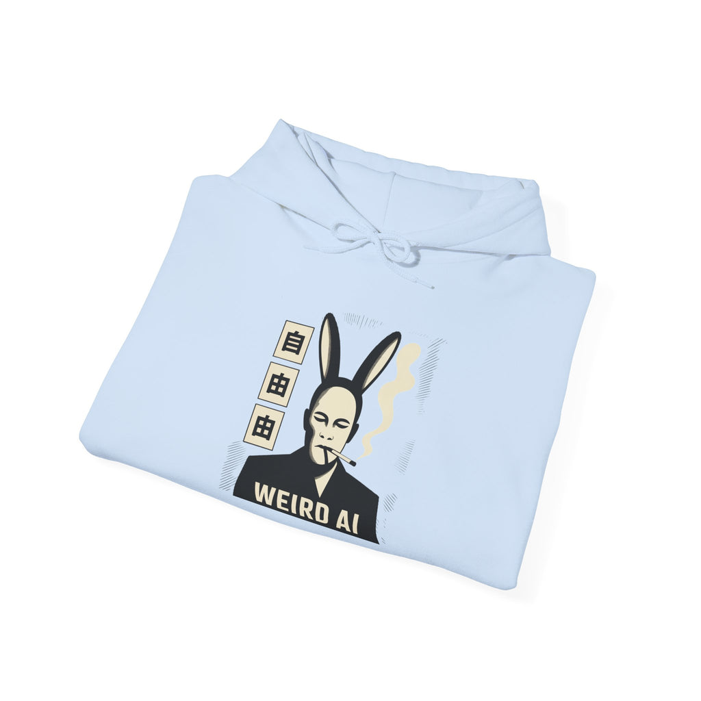 Weird AI Tee "CYBER RABBIT NOIR" Retro Bunny-Masked AI Graphic Hoodie