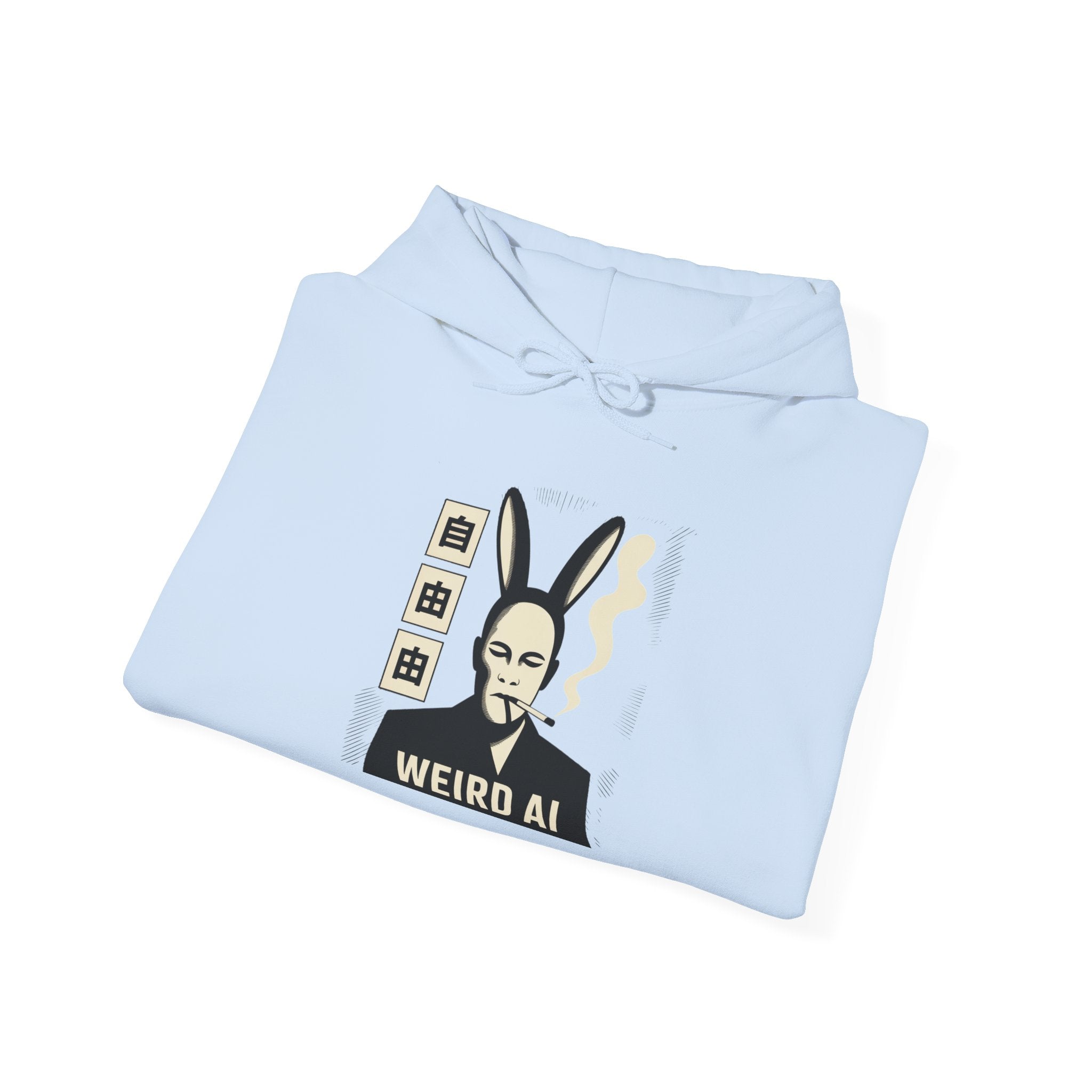 Weird AI Tee "CYBER RABBIT NOIR" Retro Bunny-Masked AI Graphic Hoodie