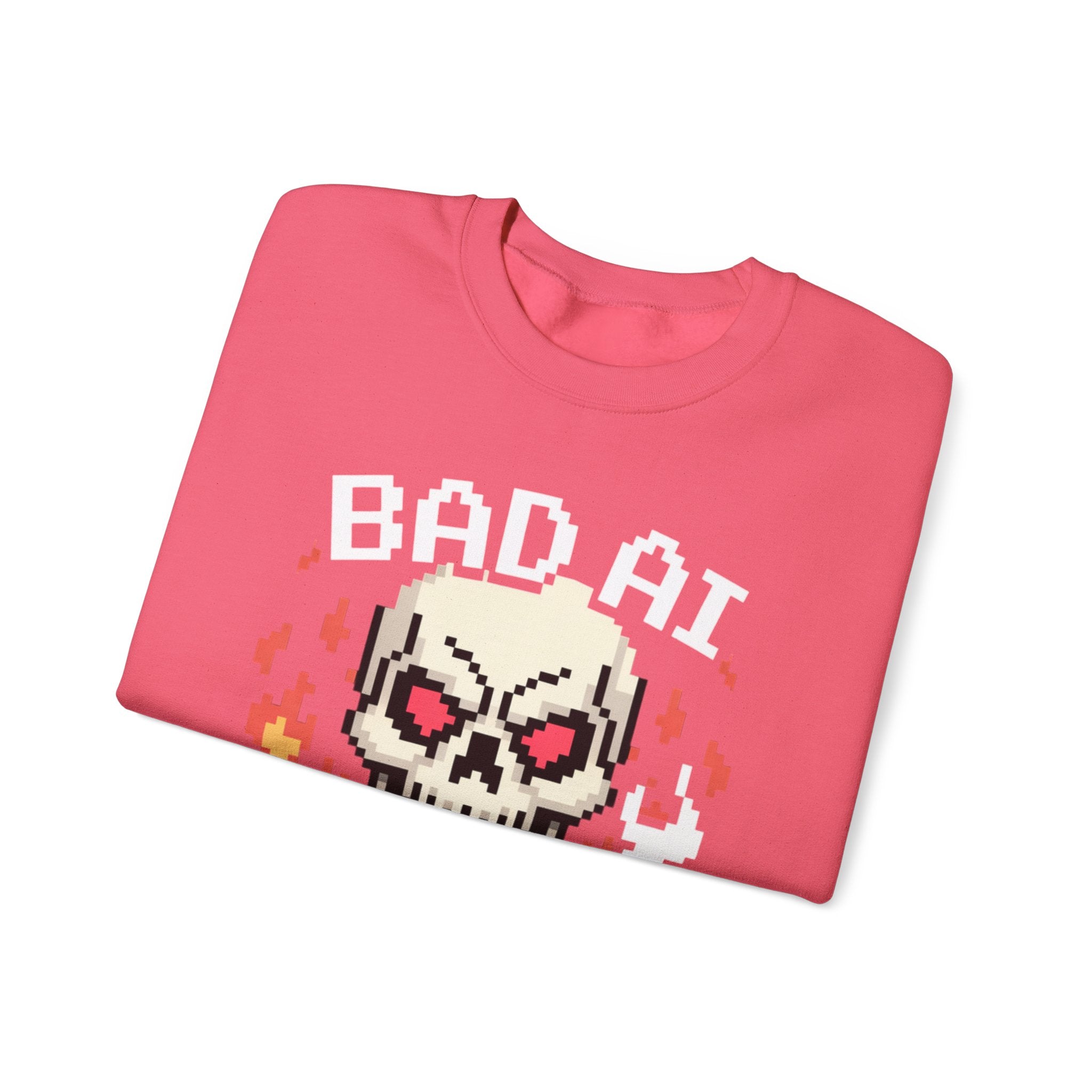 Bad AI Skull on Fire "CYBER BONE COMMAND" Pixel Art Sweatshirt
