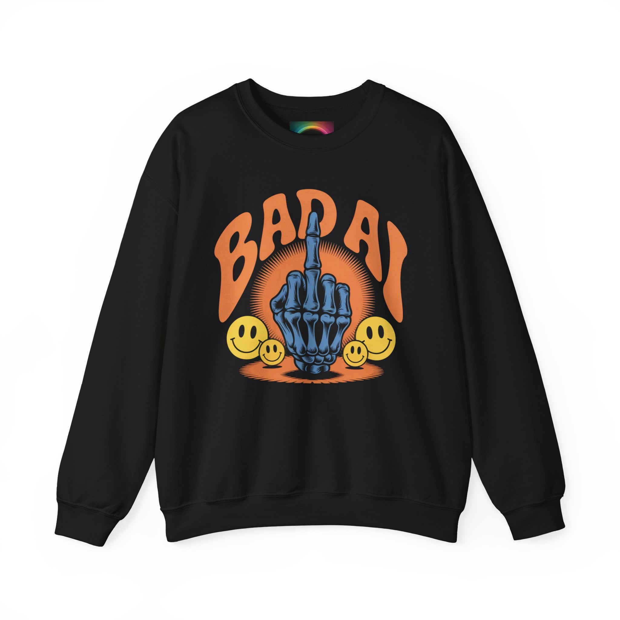 Bad AI Graphic Sweatshirt — Middle Finger Skeleton Hand with Smiley Faces