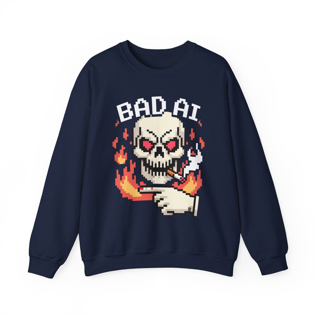 Bad AI Skull on Fire "CYBER BONE COMMAND" Pixel Art Sweatshirt