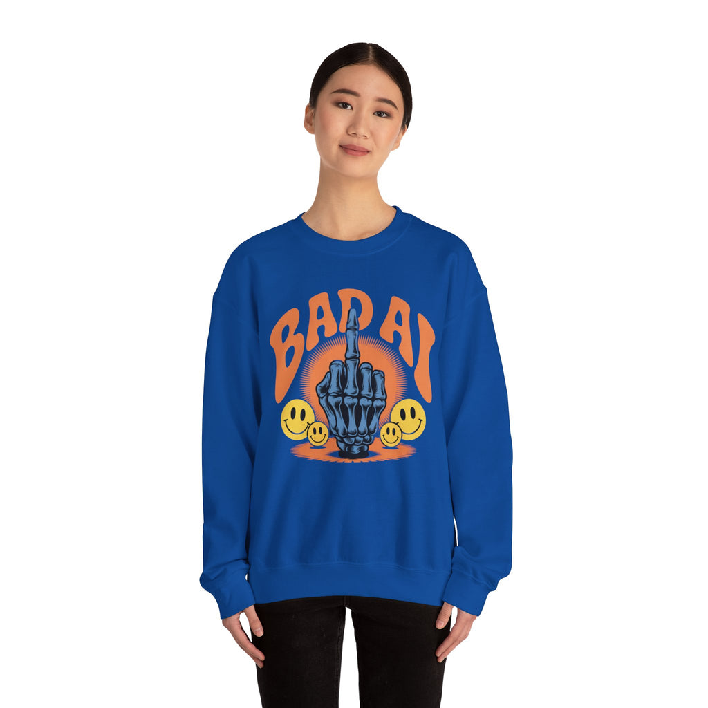 Bad AI Graphic Sweatshirt — Middle Finger Skeleton Hand with Smiley Faces