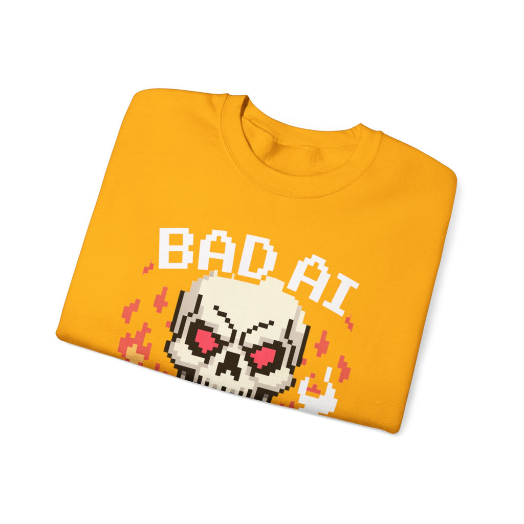 Bad AI Skull on Fire "CYBER BONE COMMAND" Pixel Art Sweatshirt
