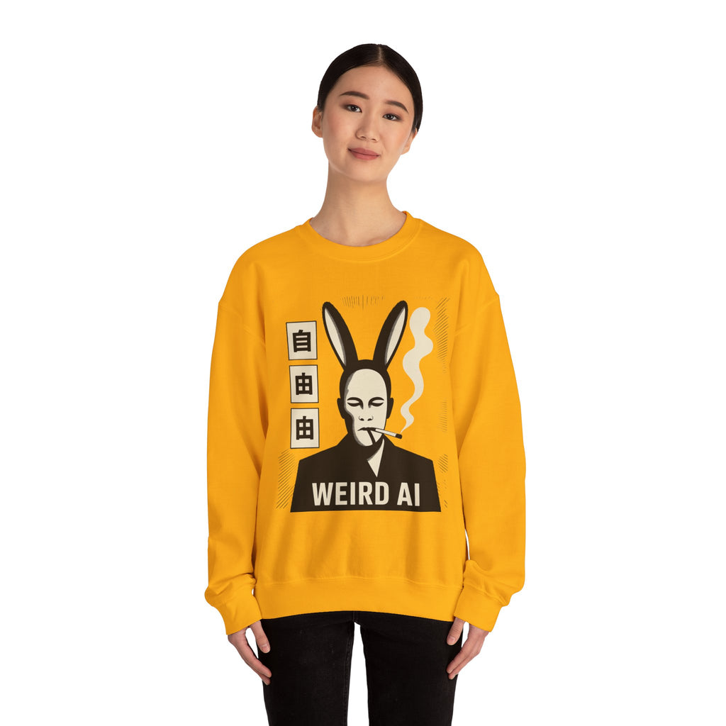 Weird AI Tee "CYBER RABBIT NOIR" Retro Bunny-Masked AI Graphic Crewneck Sweatshirt